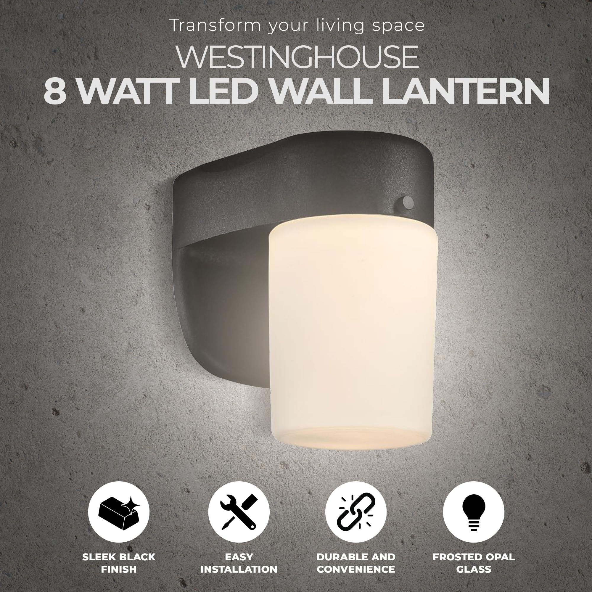 Westinghouse One-Light Dimmable LED Outdoor Wall Fixture, Frosted Opal Glass, Black Finish, Model 6106700