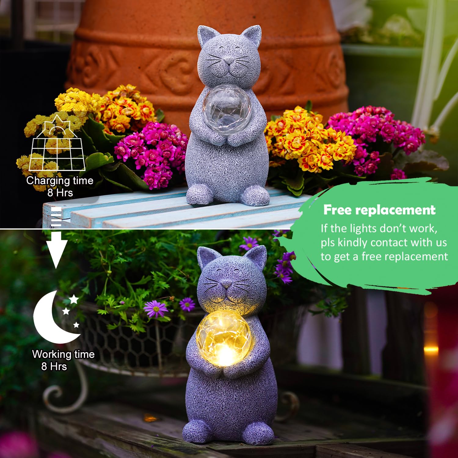 Tiejiajiang Solar Cat Statue - Gray Resin Garden Decor With Led Lights For Cat Lovers