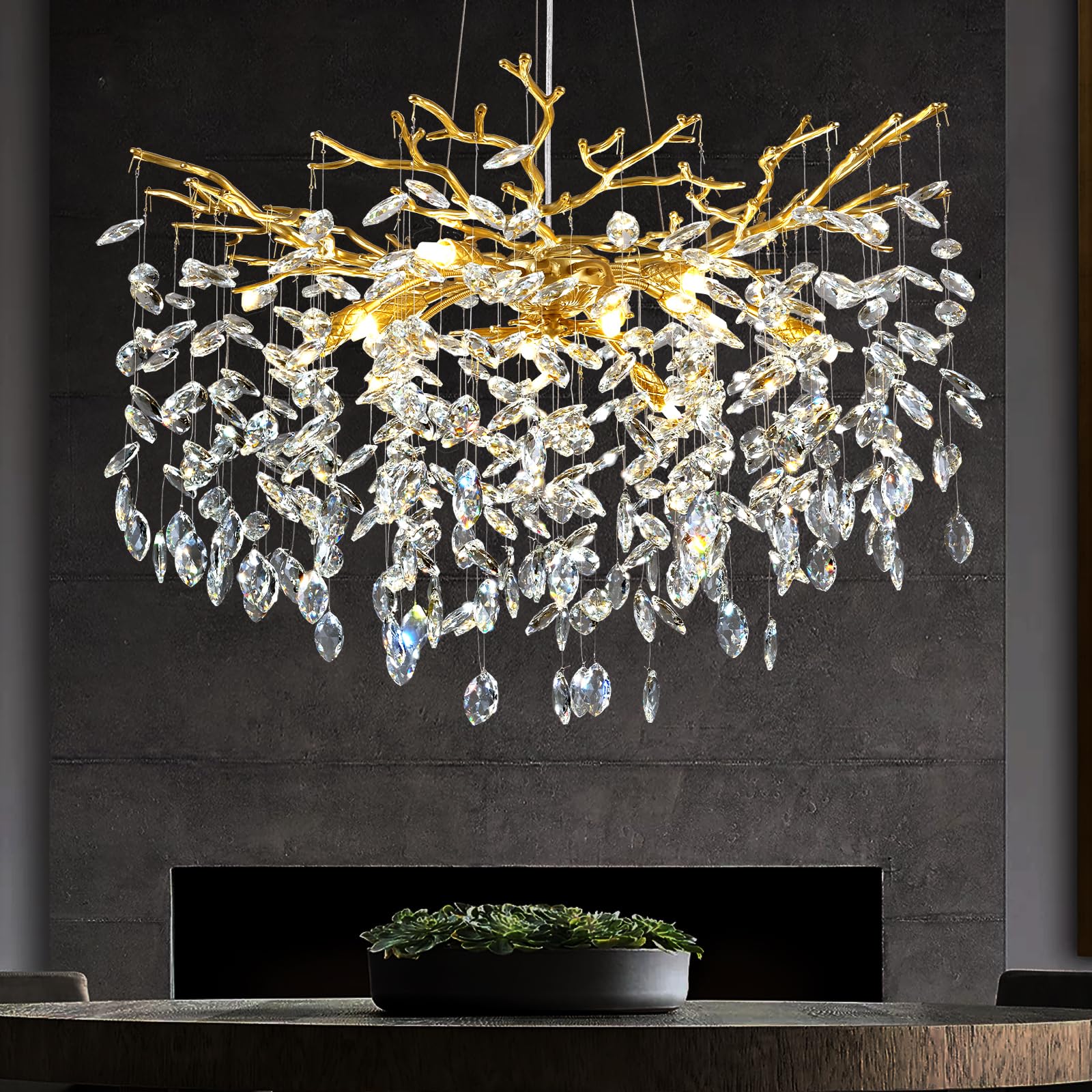 kvtinmty Modern Crystal Chandelier, 30'' Chandeliers for Dining Room,Gold K9 Crystal Tree Branches Crystal Chandelier,10-Light L