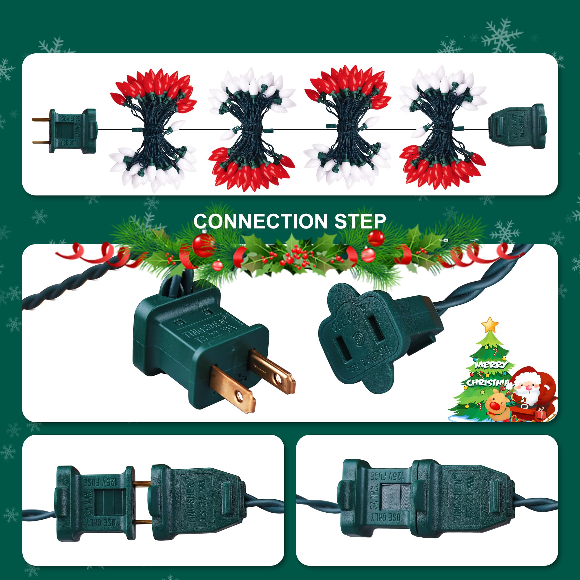 Red&White C9 Big Bulbs Classic Christmas Lights 50 Led 32Ft Strawberry Light - Waterproof Green Wire Fairy Lights, For Indoor Outdoor Home Yard Xmas Tree Decorations (Red White - 50Led)