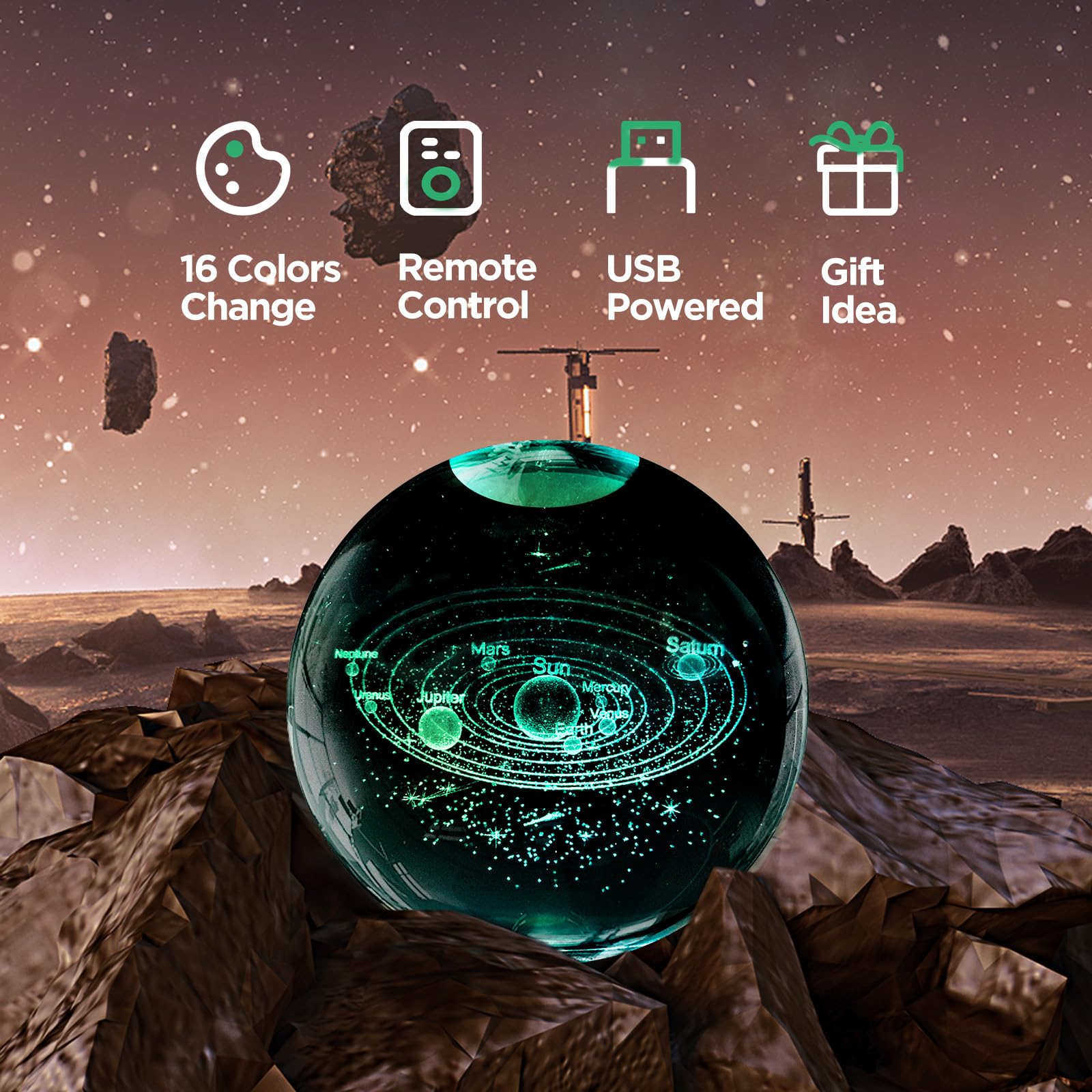 3D Solar System Crystal Ball Night Light With 16 Color Wooden Led Base Upgraded 3.15 In Galaxy  ts Ball Lamp With Remote For Birthday Christmas  Astronomy Space Gifts For Boys Girls Kids