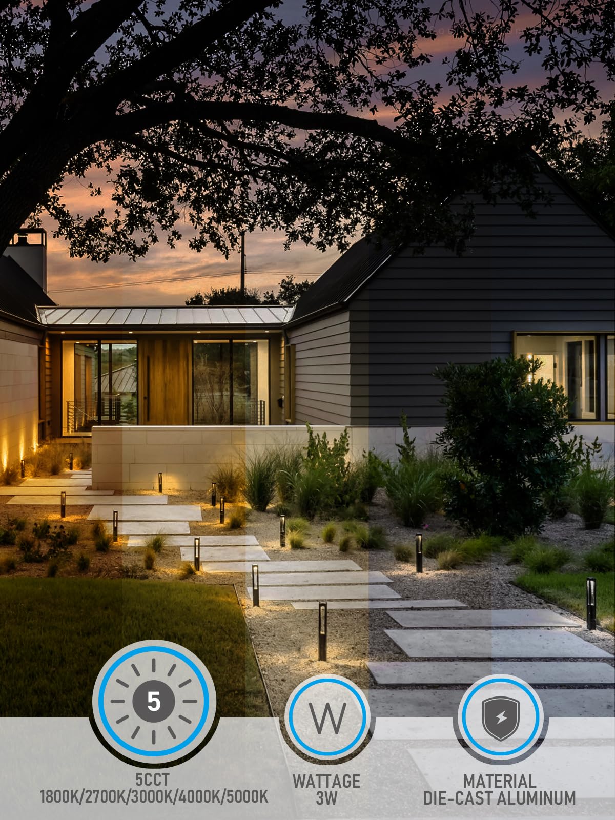 Leonlite 12-Pack 5Cct Low Voltage Path Lights, 1800K2700K3000K4000K5000K Selectable, 3W Led Landscape Pathway Lights, Outdoor La