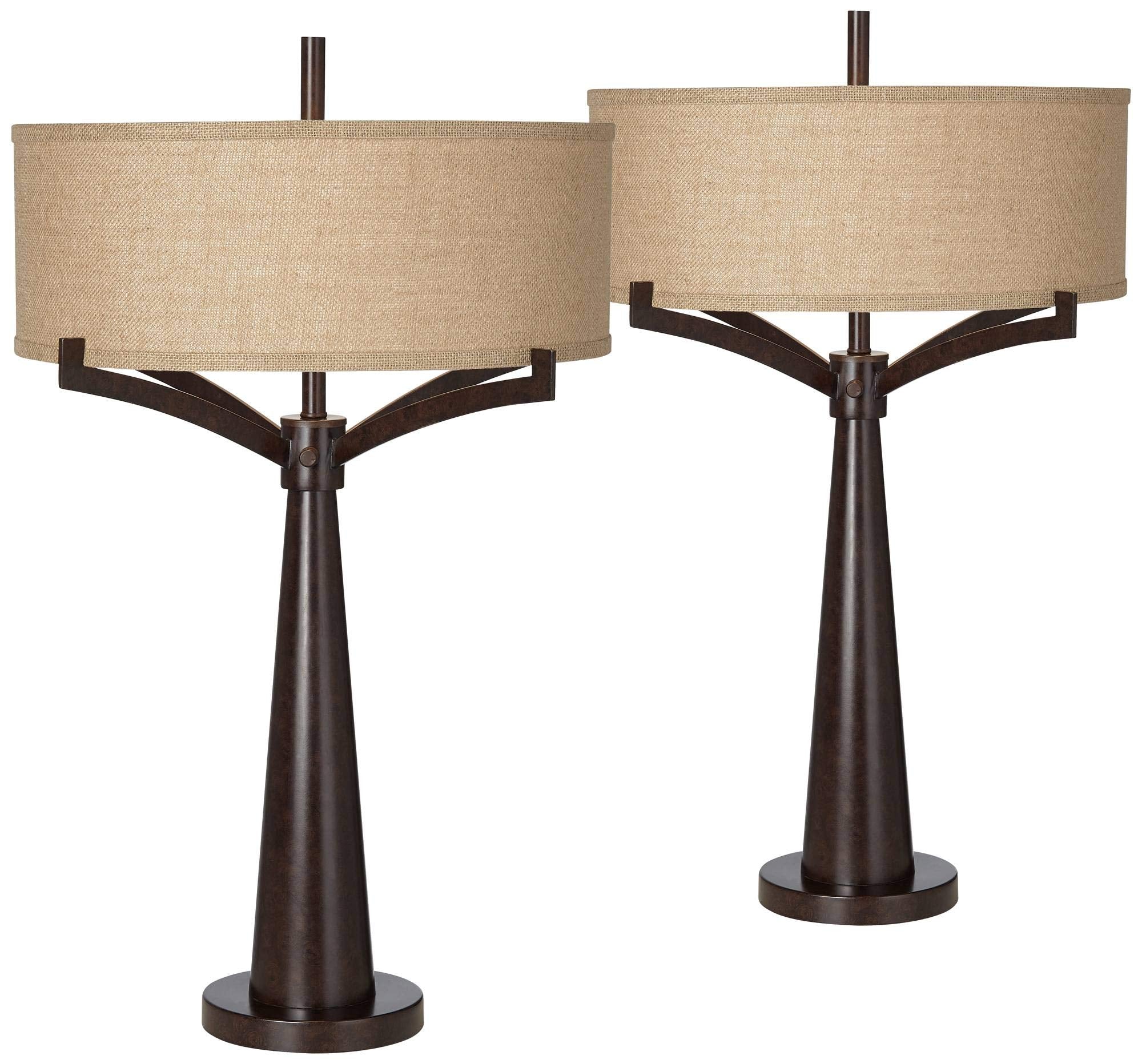 Franklin Iron Works Tremont Mid Century Modern Industrial Table Lamps 31.5 Tall Set of 2 Rich Bronze Iron Burlap Fabric Drum Sha