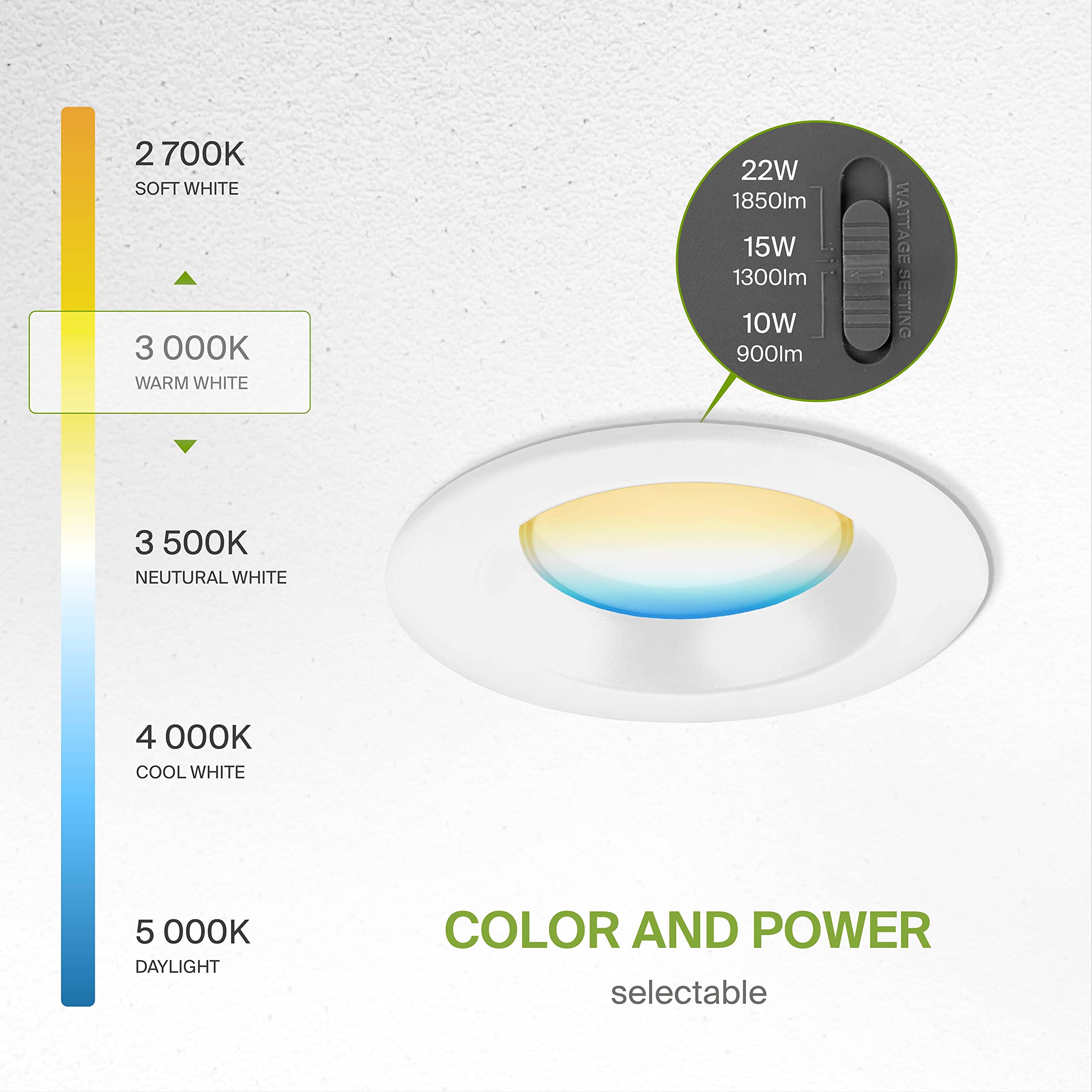 ASD 6 Inch Canless LED Downlight, Dimmable, 10/15/22W, 5 Color Temps, Aluminum, 8 Pack, White, Model A-CDL7