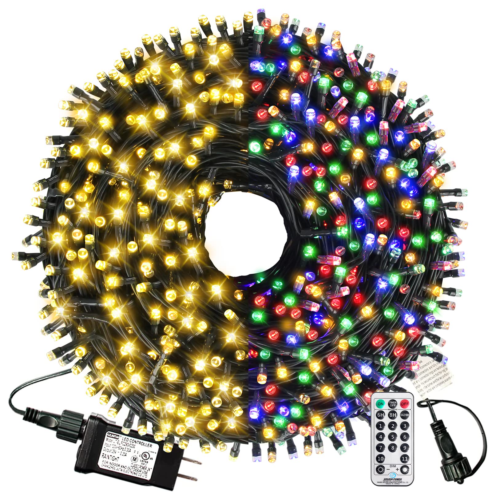 XTF2015 Christmas Outdoor Indoor Lights, 105ft 300 LED End-to-End Connected 9 Modes Timer Remote Christmas String Lights for Tre