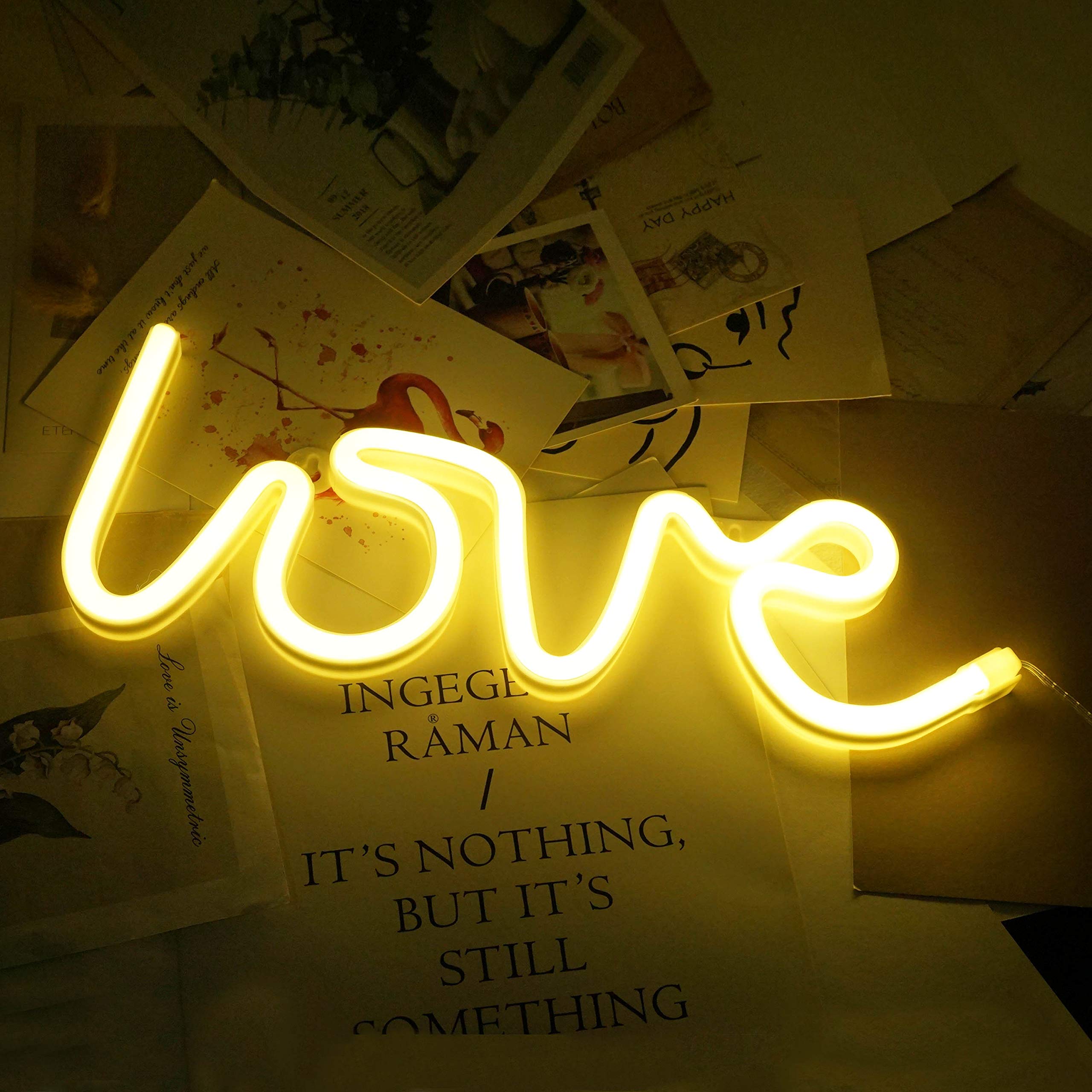 NiniTe LIGHTS Neon Heart Sign Lamp, USB/Battery Powered, Decorative LED Night Light for Bedroom, Pink Yellow, Model 32455