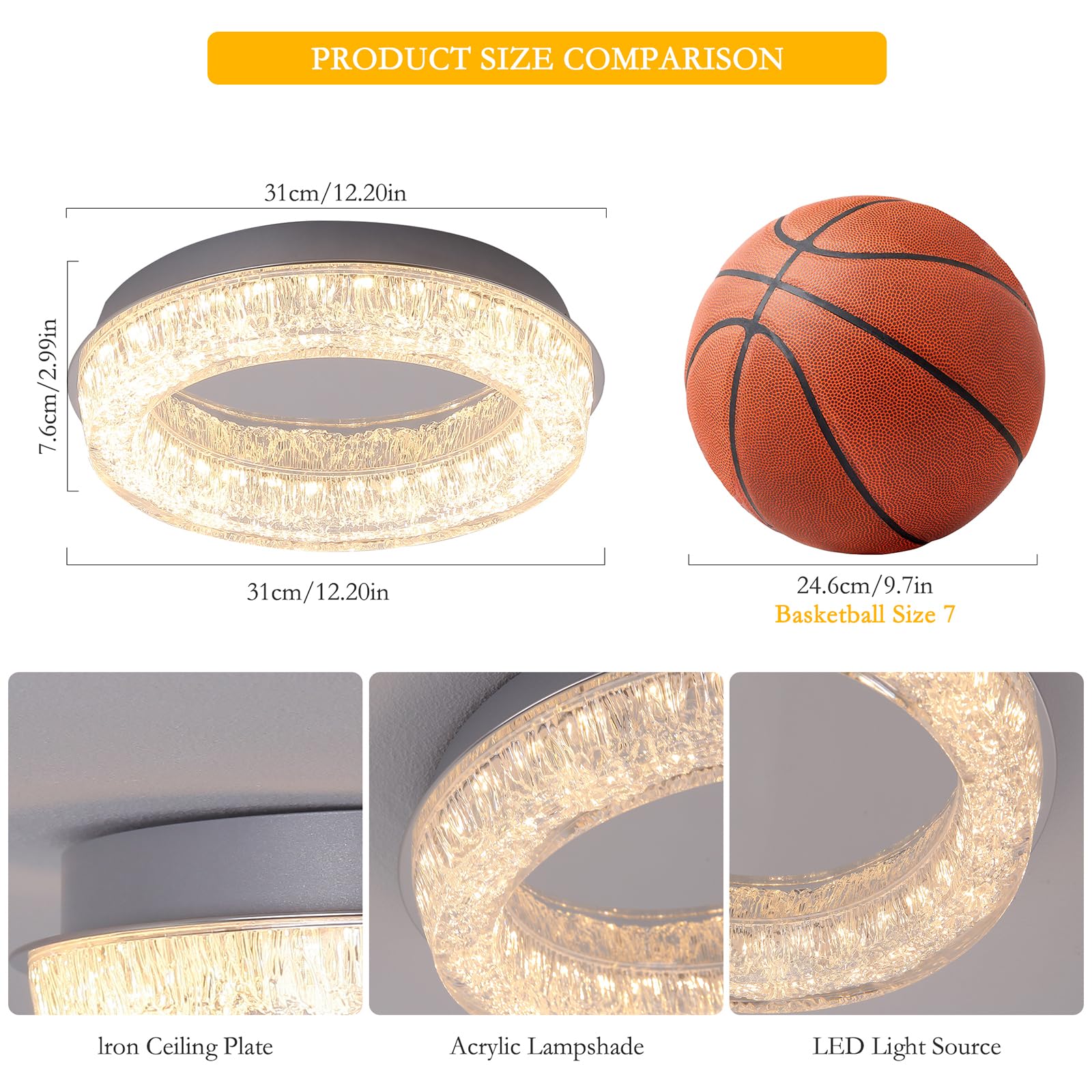 Qcyuui Flush Mount Ceiling Light 12.2In Modern Led Ceiling Light Round Led Light Fixture With Acrylic Lampshade Ceiling Lamp For Bedroom Kitchen Entryway Hallway Foyer Chrome 3000K