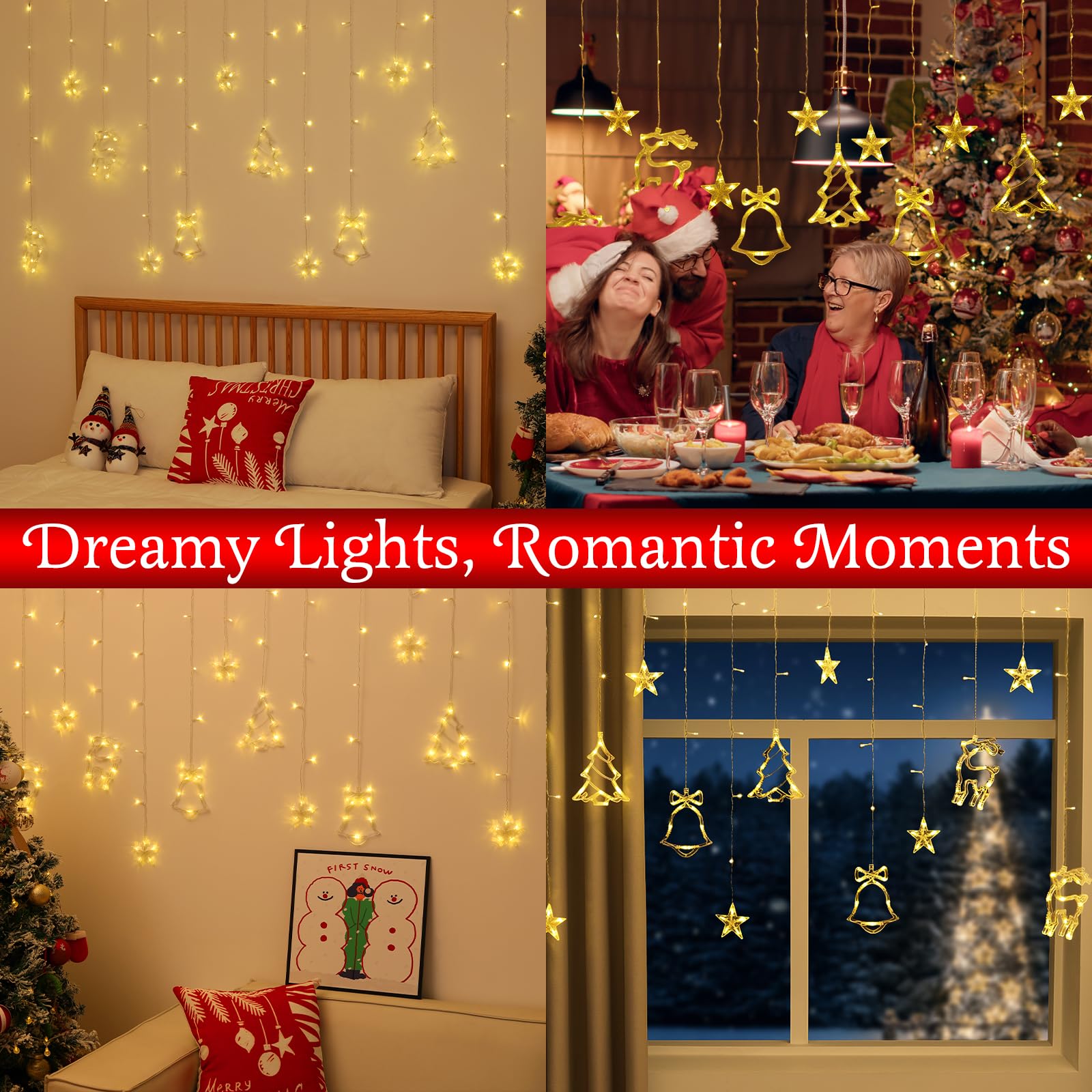 Lewondr Reindeer Bell Christmas Curtain Lights, 138 Led Christmas Tree Hanging Home Lights With 6H Timer & 8 Modes, Usb Powered Fairy Lights, Xmas Decor For Home Party Indoor,Warm Light