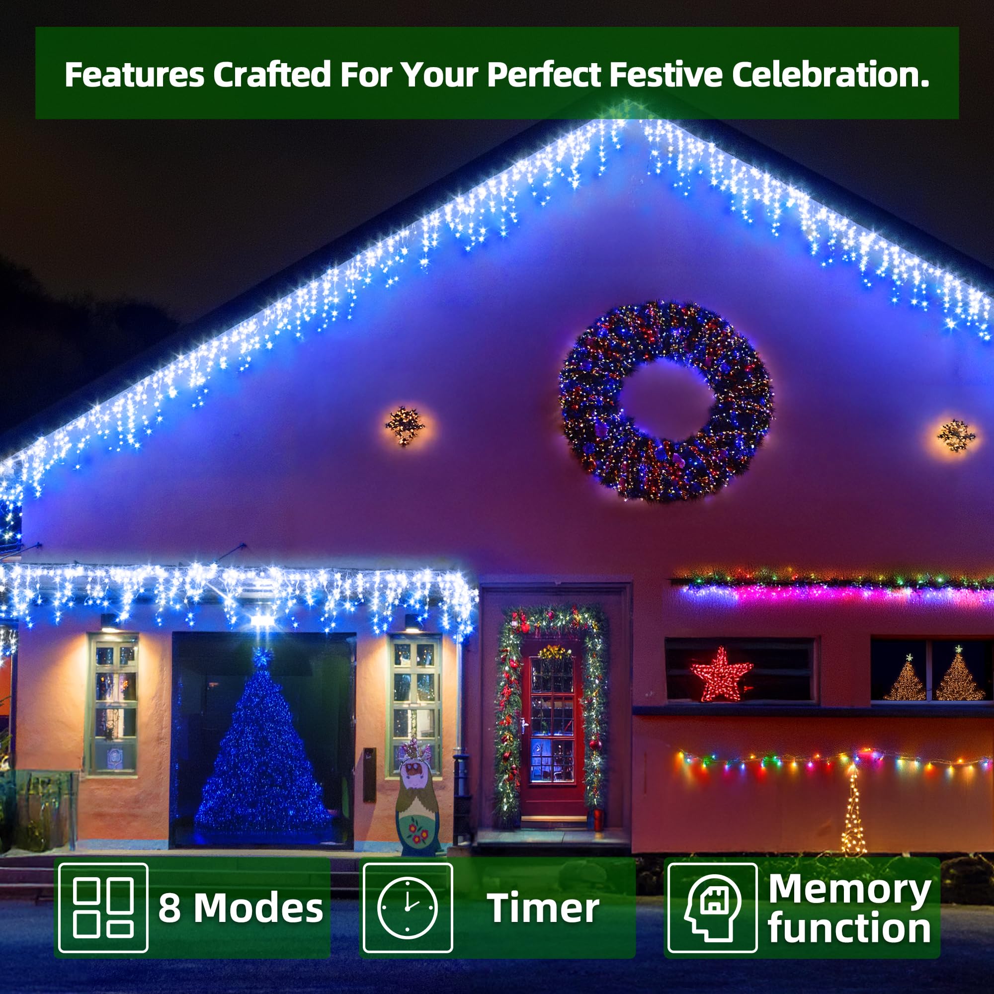 XIKENGSHQ 1296 LED Outdoor Christmas Lights, 131FT with 288 Drops, 8 Modes Timer, IP44 Waterproof, Blue & Cool White