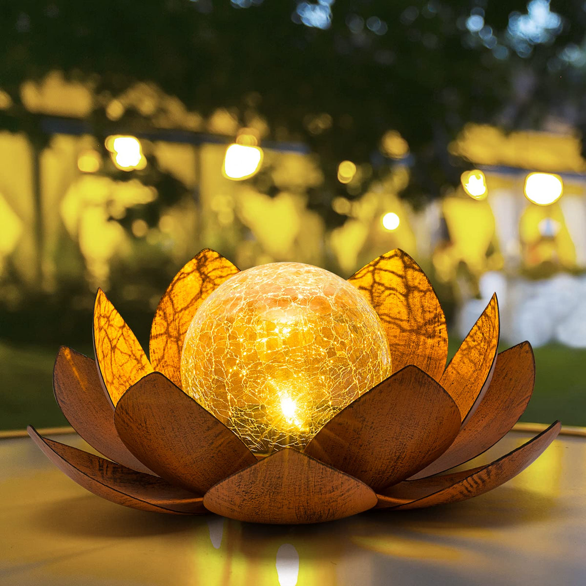 AIINY Solar Light Outdoor(2Pack), Art Crackle Globe Glass Lotus Decoration, Solar LED Waterproof Metal Flower Lights for Patio,L