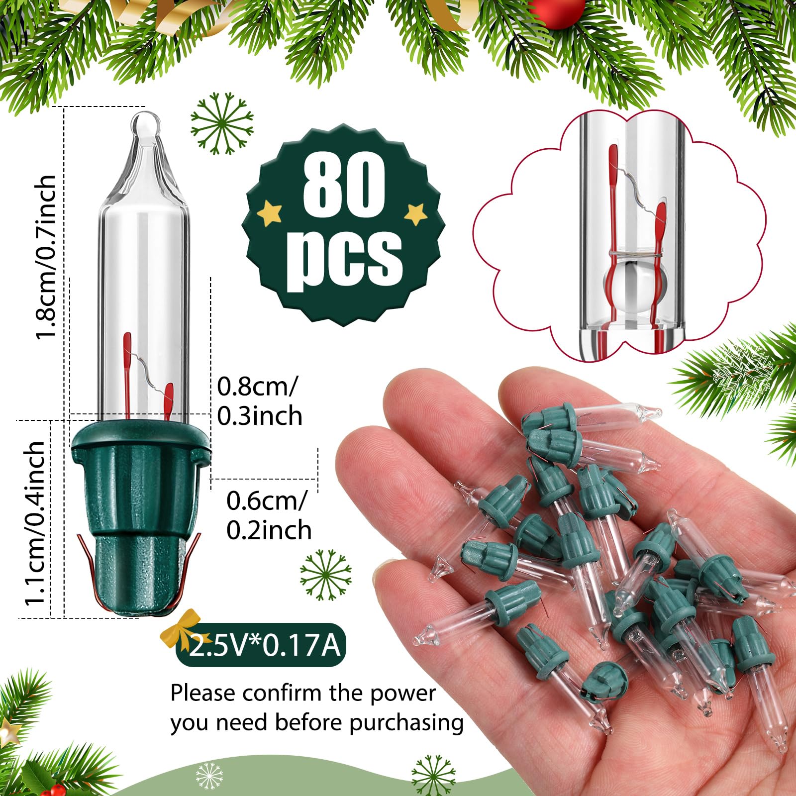 Mudder Christmas Mini Light Bulbs, 80 Count Warm White Replacement, 2.5Vx0.17A for Indoor/Outdoor Decor, Model TS-Mudder-4553