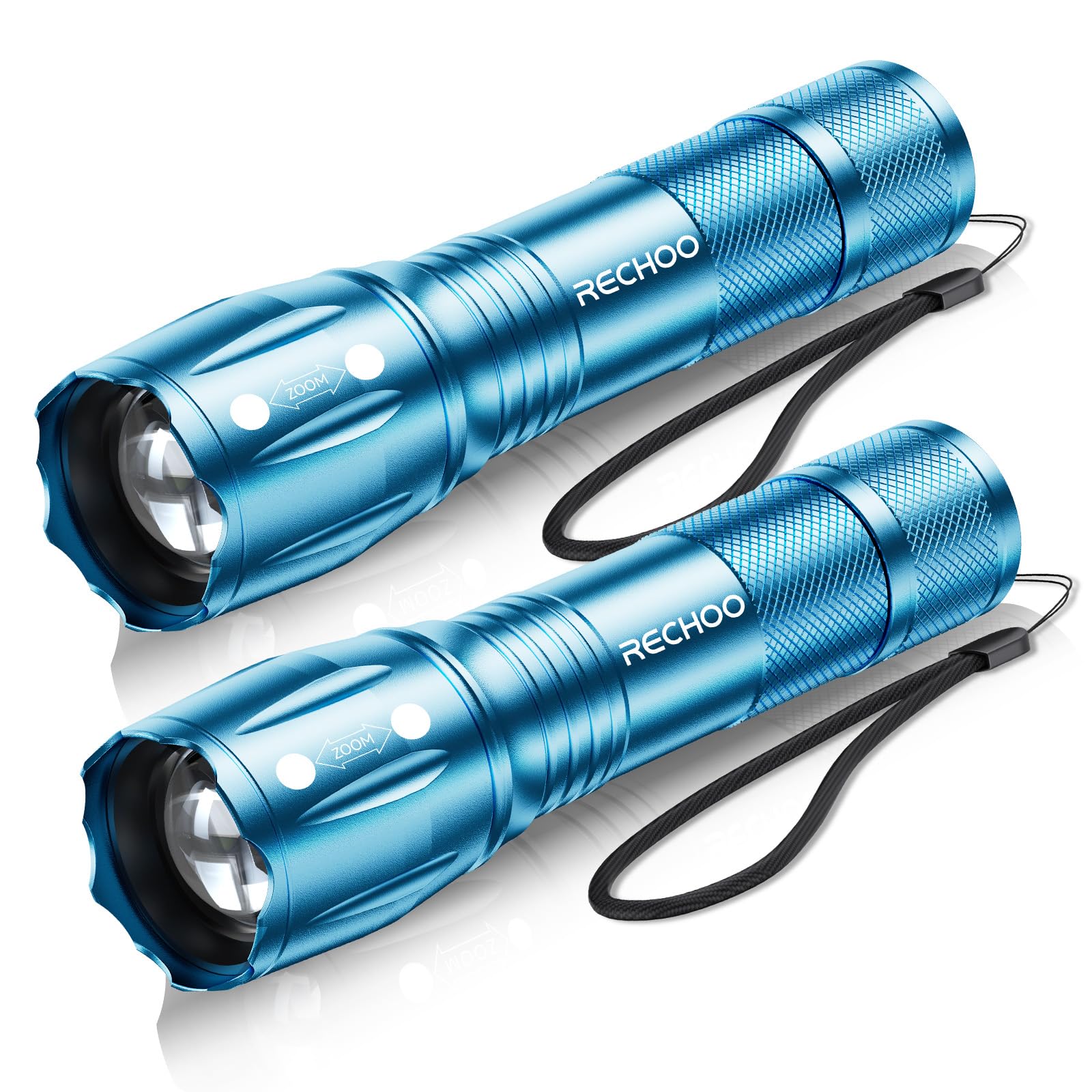 RECHOO LED Flashlight 2 Pack Blue, Tactical Flashlights High Lumens with 3 Modes, Pocket Small Flash Light, Waterproof Zoomable 