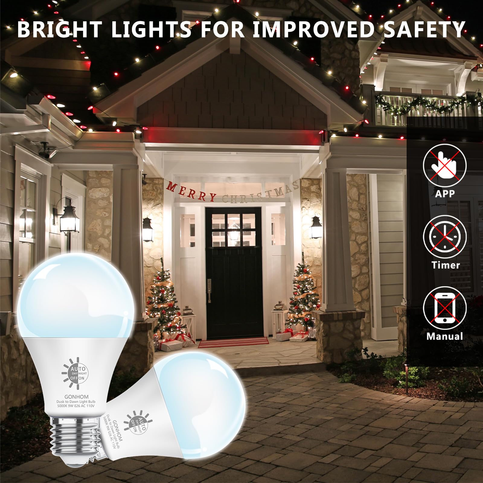 Gonhom Dusk to Dawn LED Light Bulbs, 2 Pack, 5000K Daylight, 720LM, 9W (60W Equivalent) A19 E26 for Outdoor
