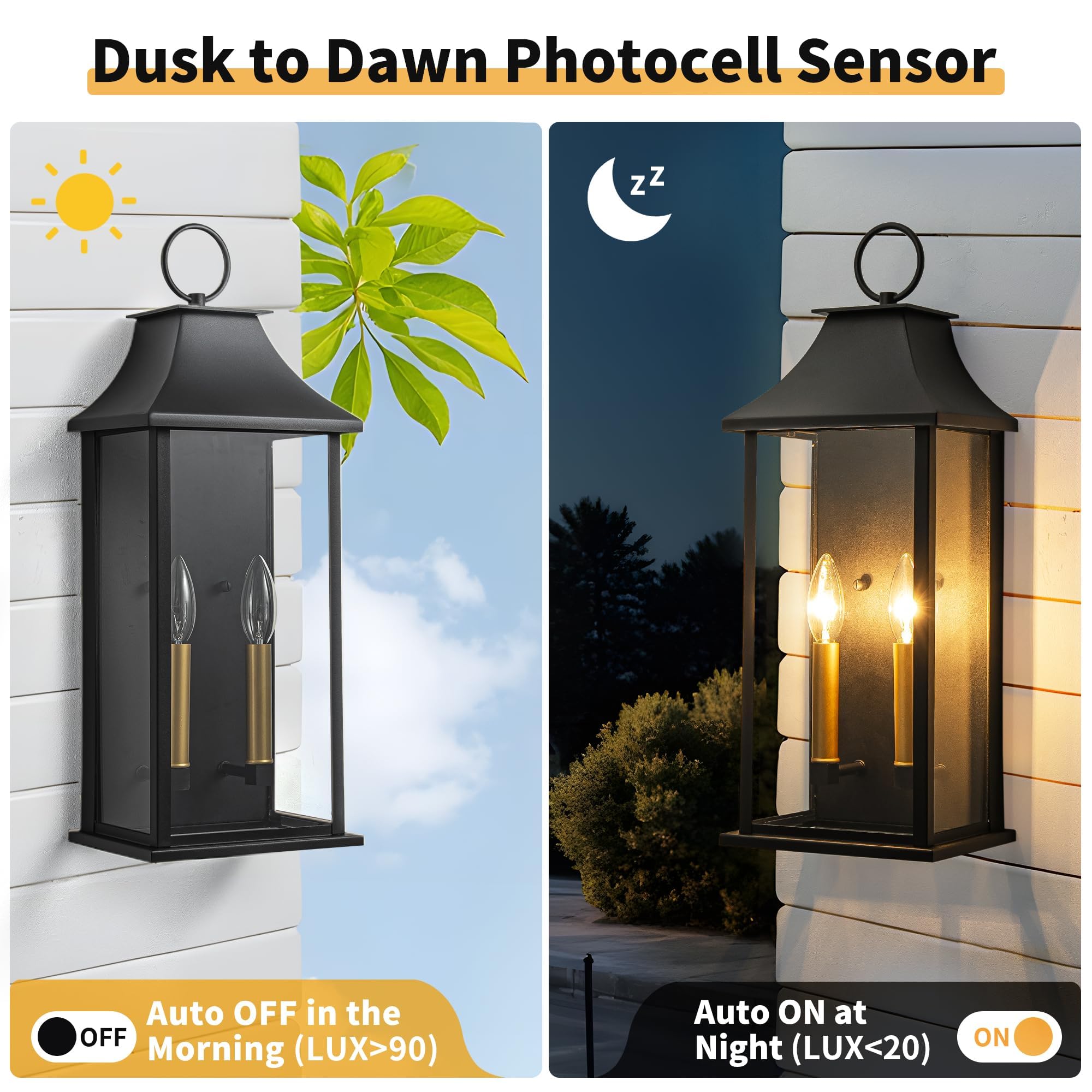 Lawyettle 21" Dusk to Dawn Outdoor Wall Lantern, Black Metal Sconce, Waterproof 2-Light Fixture for House, Porch, Garage - Model XG7008O-W2BK