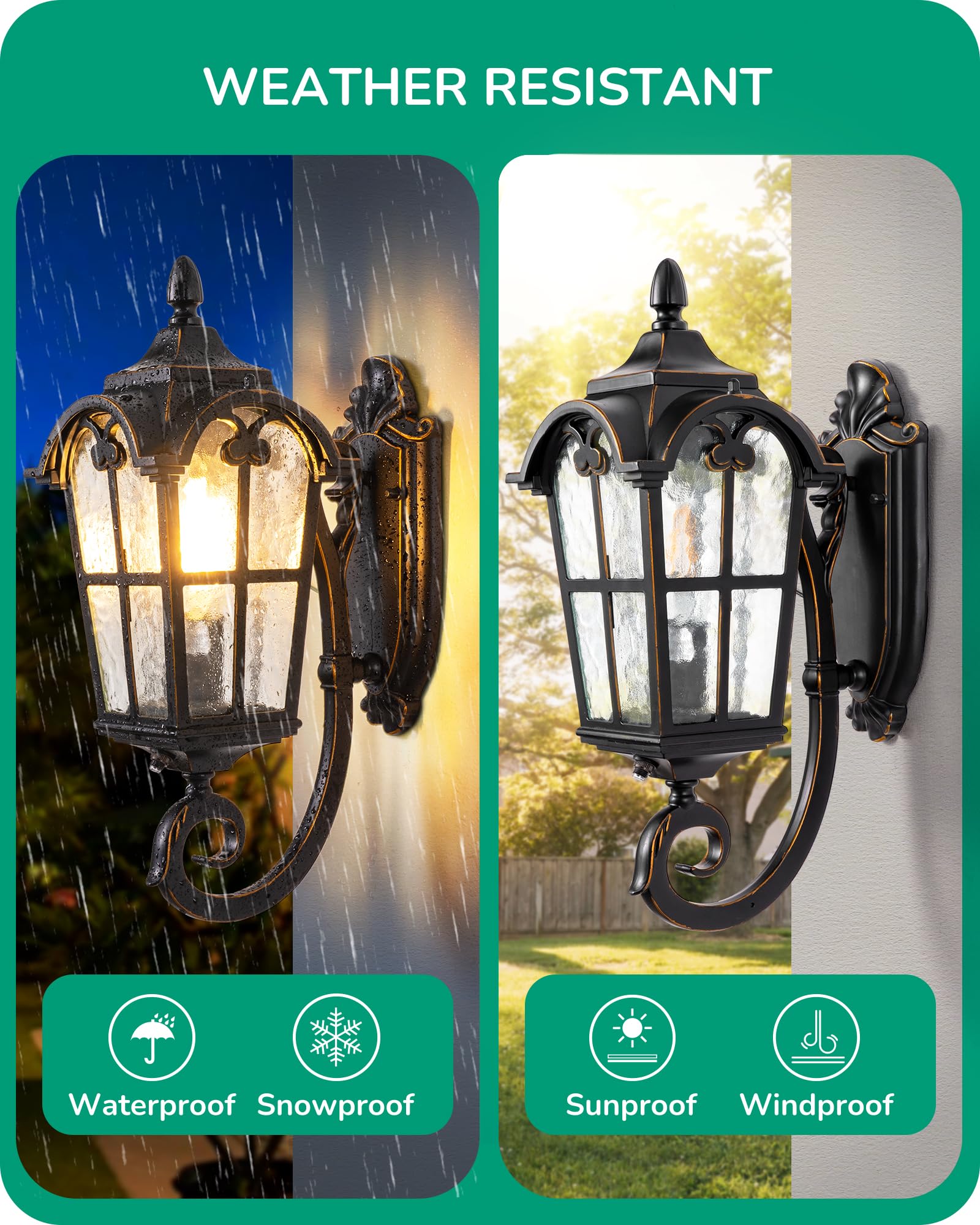 EDISHINE Dusk to Dawn Outdoor Wall Light, 17" Black Roman Lantern with Water Ripple Glass, Waterproof Sconce for Porch, Garage, Patio