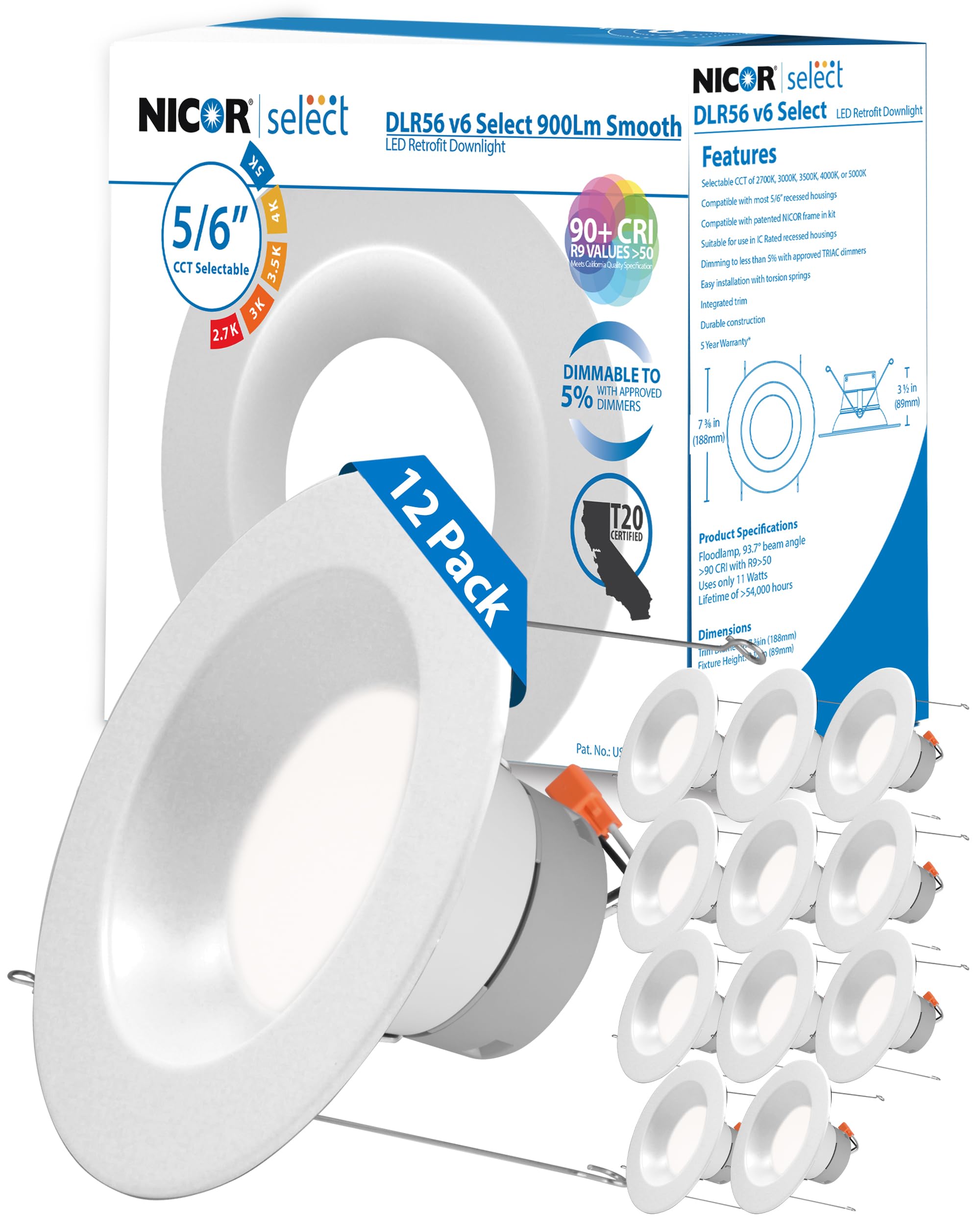 Nicor Lighting Recessed Ceiling Lights Led Downlight - Dimmable 5/6 Inch Led Recessed Light Fixtures - Selectable Cct 2700K-5000K  918 Lumens  10.3W - Dlr56 Led Retrofit Ceiling Light  White  12-Pk