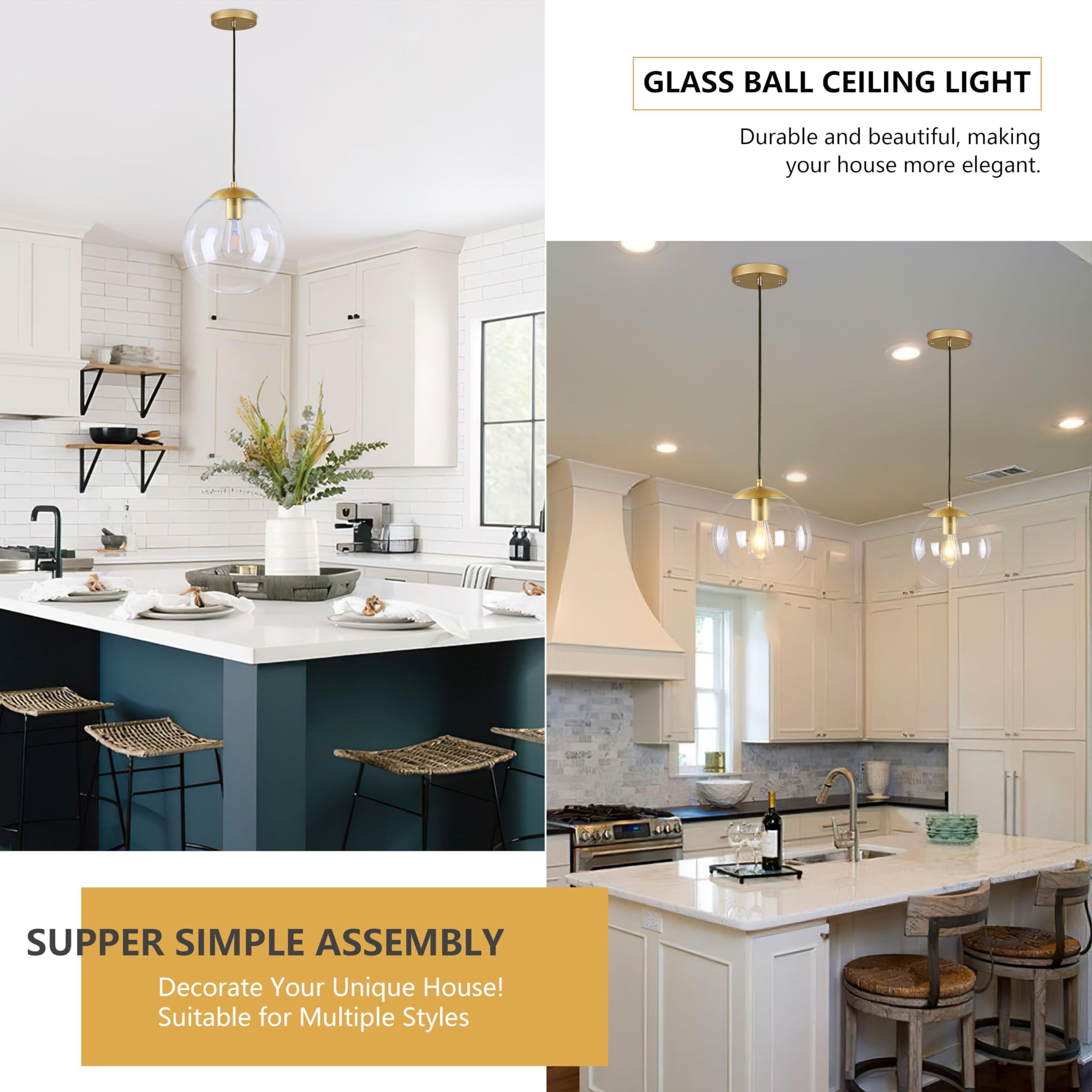 Koko&Yukina 10&quot; Gold Globe Pendant Light, Mid Century Modern Brushed Brass & Clear Glass