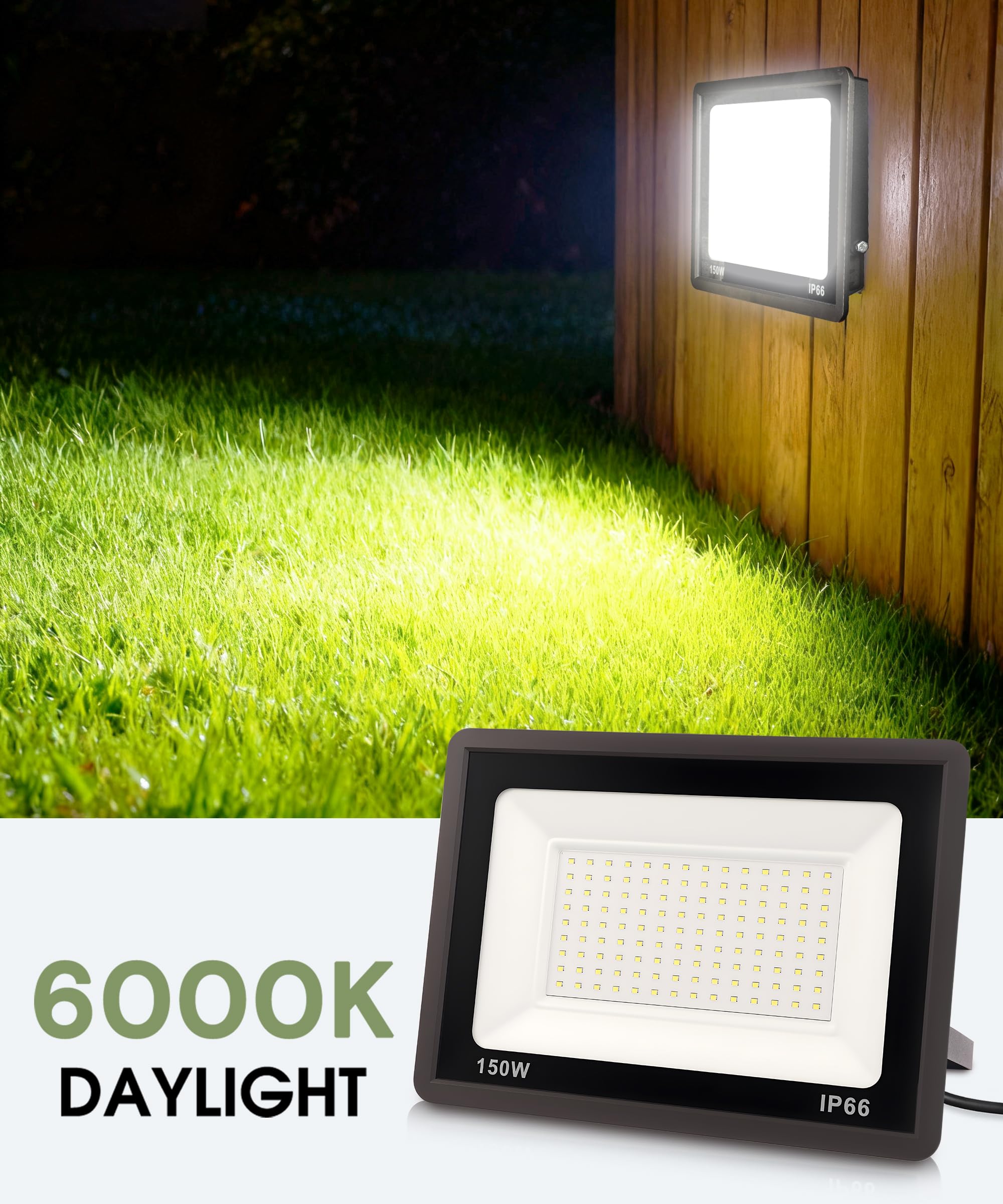 L Lohas Led Flood Lights Outdoor  150W Dusk To Dawn Outdoor Lighting  Ip66 Waterproof Plug In Floodlights  6000K Daylight Work Light  Security Lights For Yard  Garage  Ul Listed  2Pack