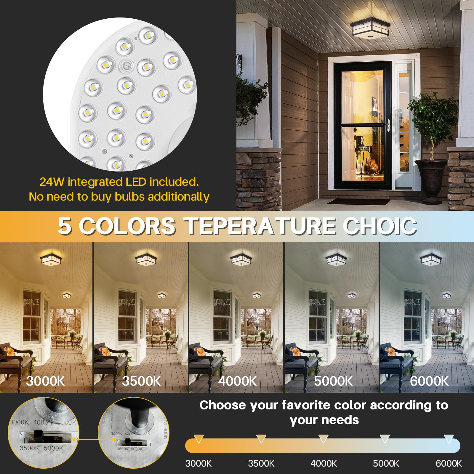 Clarsyne Upgraded Square Outdoor Led Ceiling Light Fixture, Modern Flush Mount With Motion Sensor, Dusk To Dawn, 24W 5Cct Built-