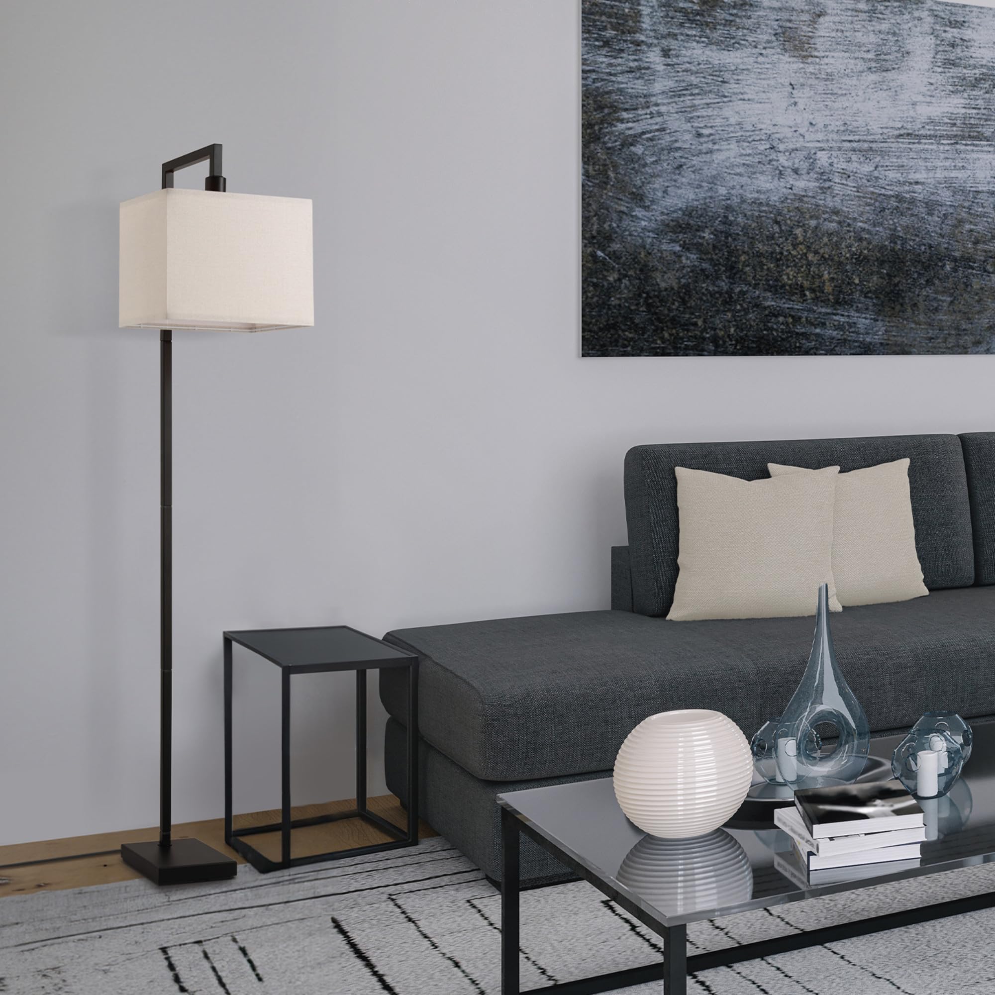 GLOBE 60" Floor Lamp, Matte Black Metal with Square White Fabric Shade, Model 61000052