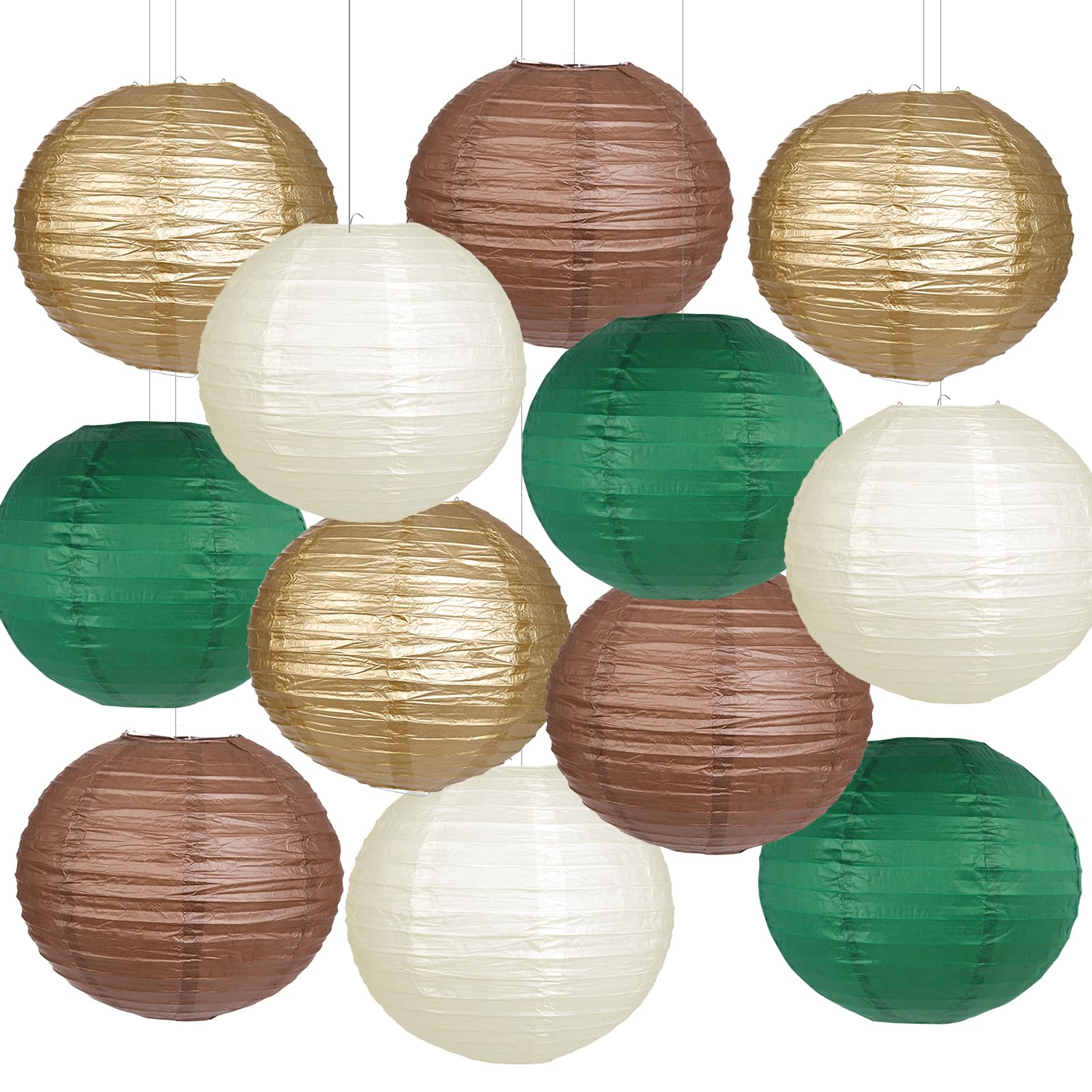 YUNXUAN Paper Lanterns Pack of 12, Round, Green Brown Gold, for Birthday Party and Baby Shower Decorations, Model YX1034