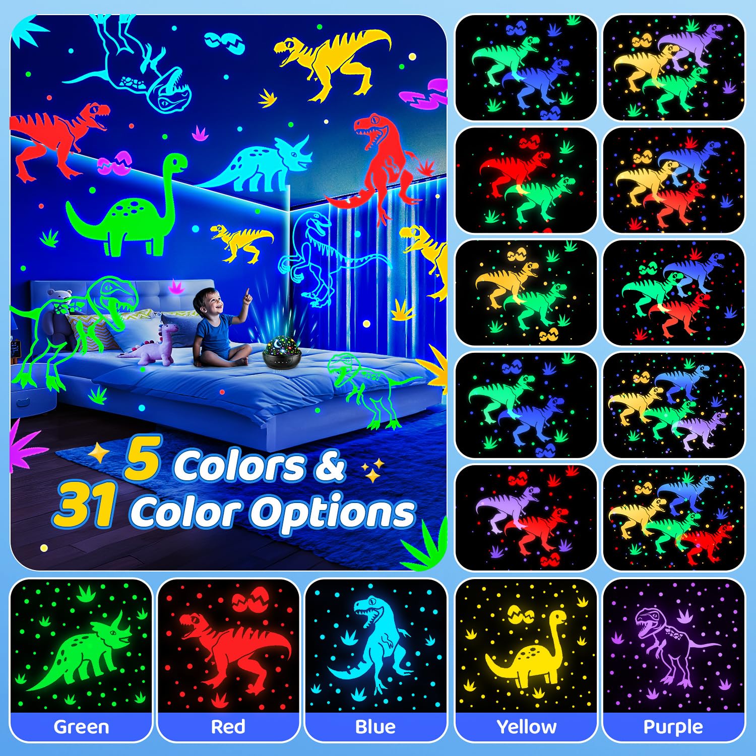 PIKOY Dinosaur Night Light Projector Toys | 3D Films, 31 Colors, 360° Rotate | Black | For Kids 2-10 Years | Jurassic World Decor