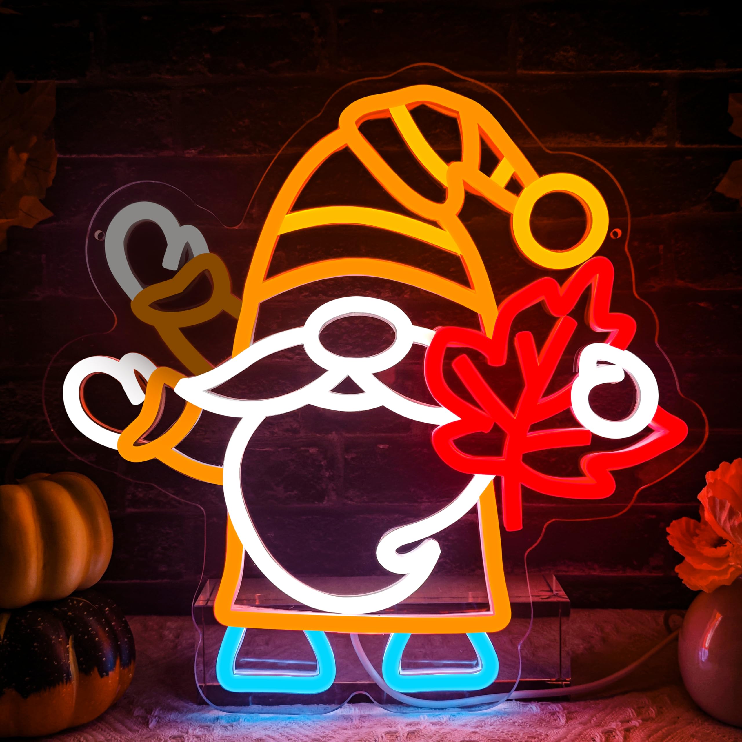 Flashing Gnomes Neon Sign Dimmable For Thanksgiving Neon Sign For Wall Decor Maple Leaf Neon Light For Hello Fall Led Sign Thanksgiving Bedroom Kids Room Bar Club Decoration Gift.