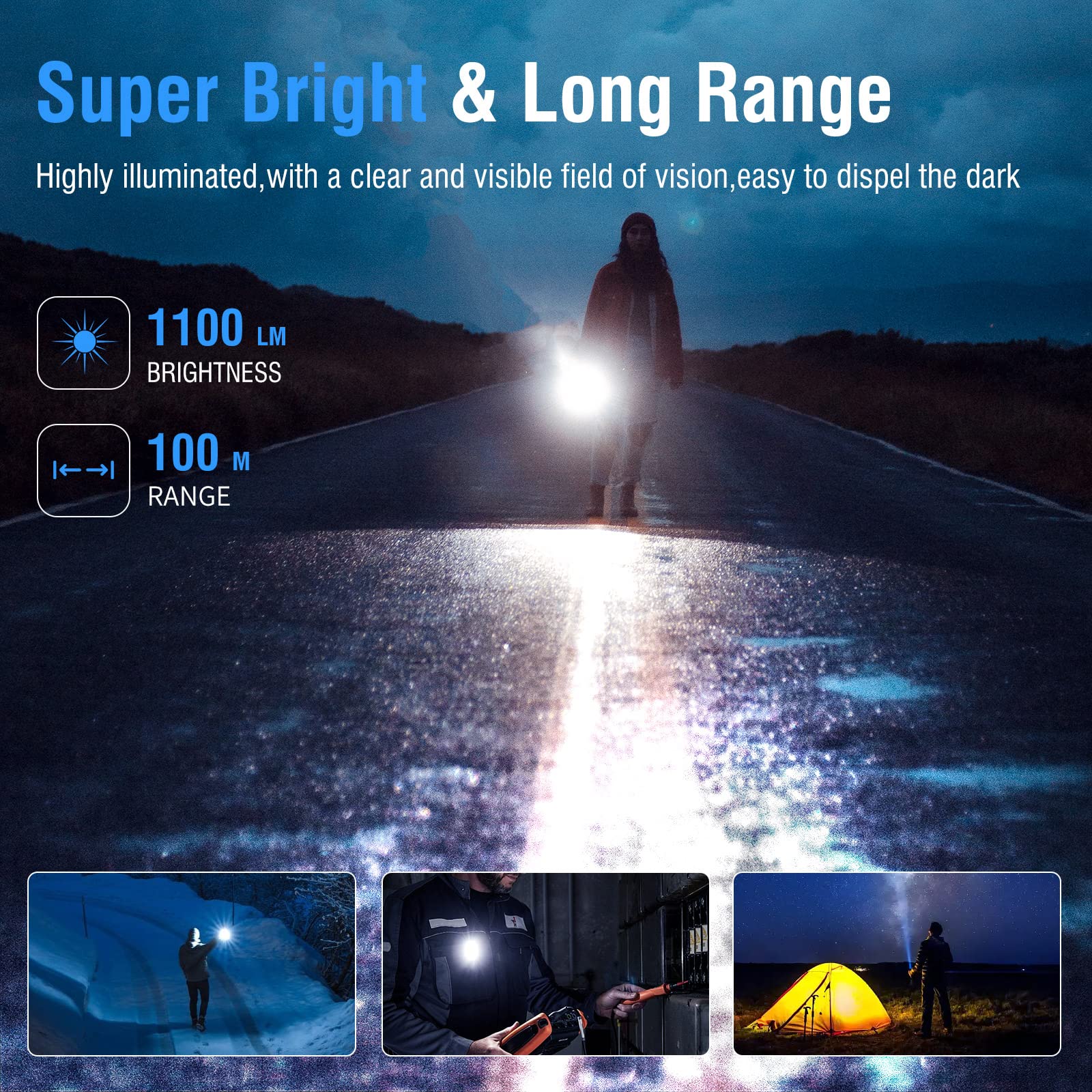 BORUIT V7 LED Mini Flashlight - 1100 Lumens, USB-C Rechargeable, IPX5 Waterproof, Black, Aluminum, 10 Modes, Keychain Clip