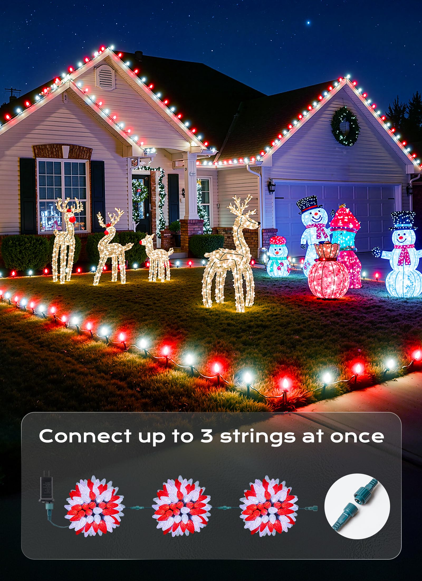 C9 Outdoor Christmas Lights  72 Ft 110 Led C9 String Lights  8 Modes & Timer Extendable Waterproof For Christmas Tree Indoor Outdoor Roofline Patio Outside Garden Backyard Xmas Decor  Red White 2 Pack