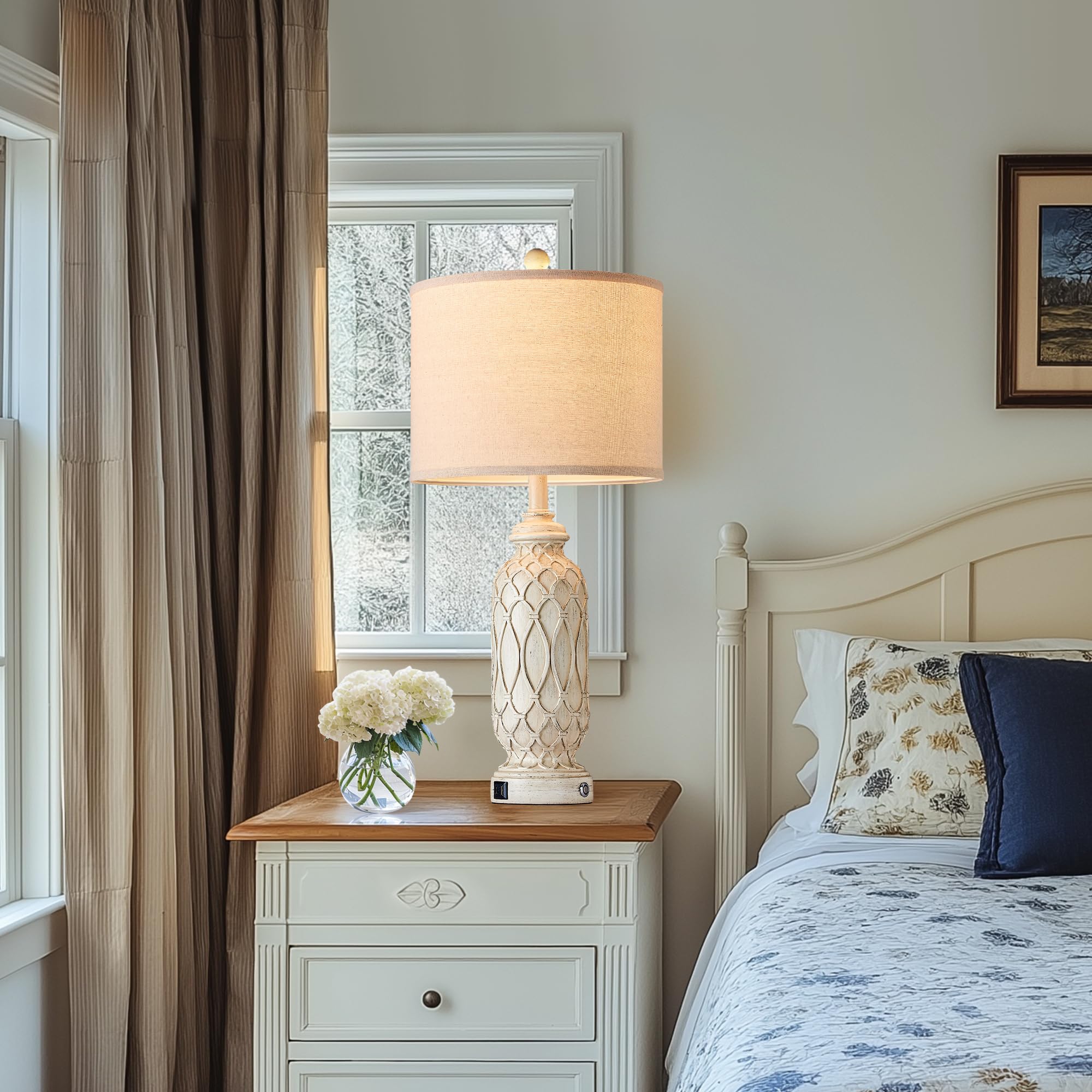 SRJJRS Rustic Table Lamp Set of 2 with Dual USB Ports, 28" Tall, Linen Shade, Off White, Model SE_B2229-1T