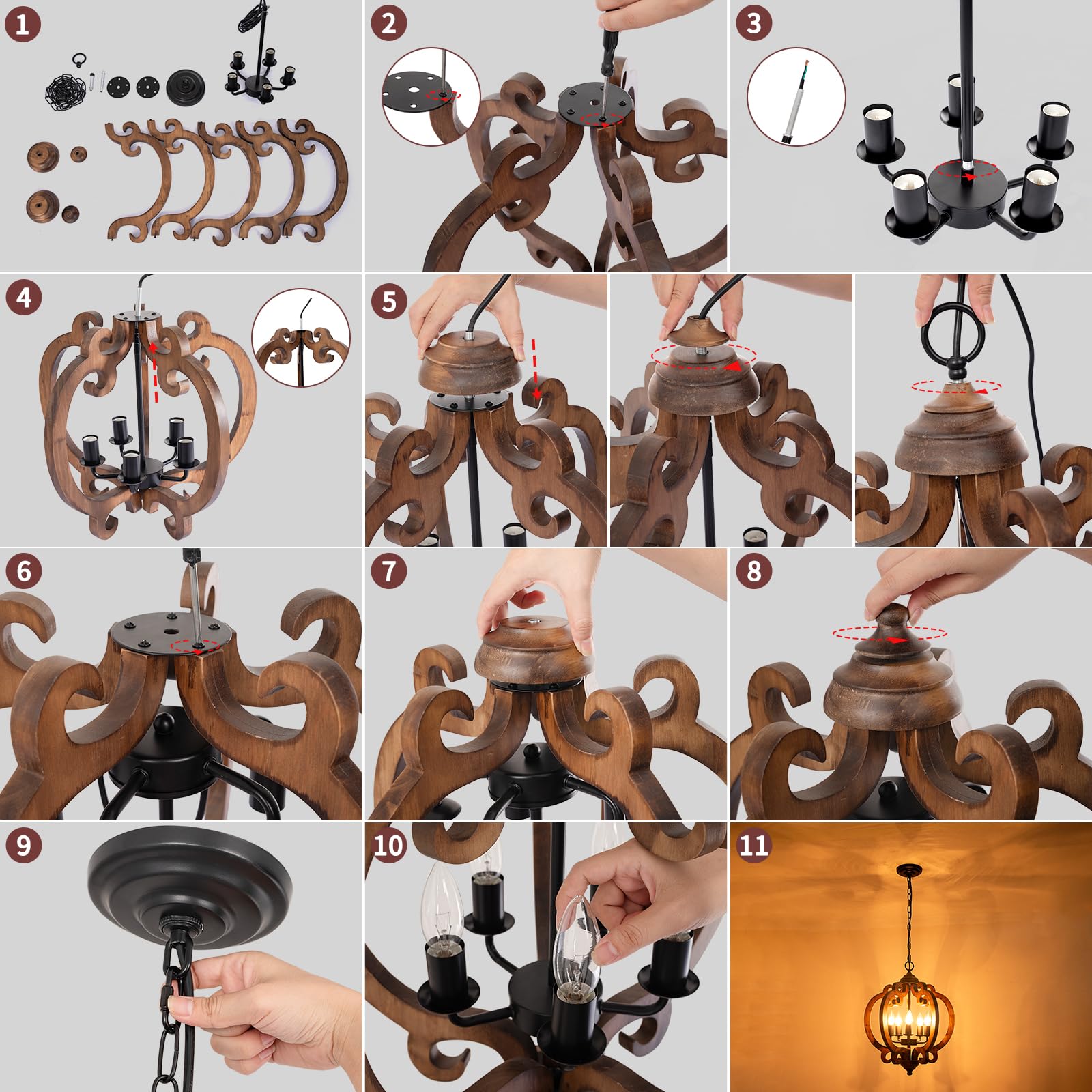 Rviezza 5-Light Rustic Wood Chandelier - Vintage Orb Pendant Lighting for Dining Room, Kitchen Island, Foyer, 17.72'' Model B0F8VH8L17