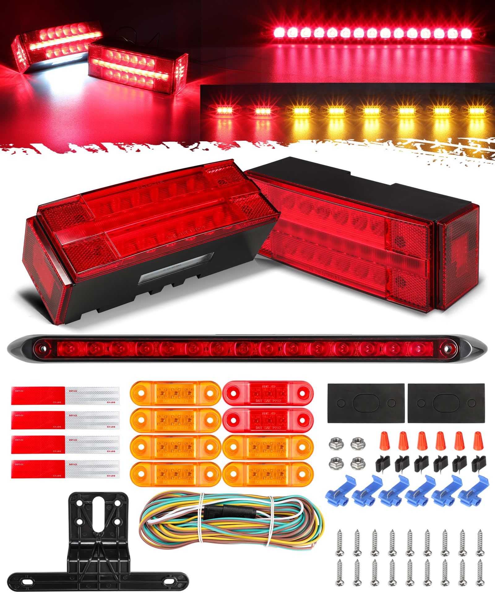 Partsam Submersible LED Trailer Tail Light Kit, Rectangular Trailer Lights+ID Bar+8 Markers, Combined Stop Turn License Plate Ru