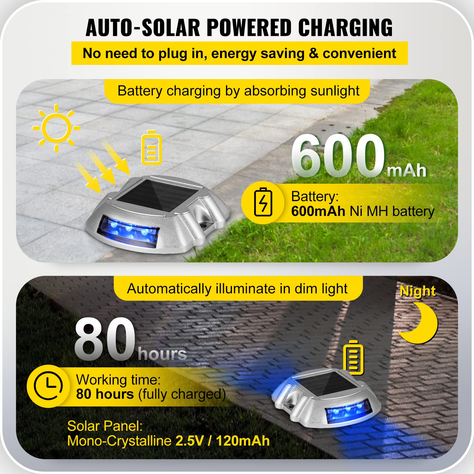VEVOR Driveway Lights, Solar Deck Lights Waterproof, 24-Pack, Blue, 6 LEDs for Path Warning, Model: Driveway Lights 24