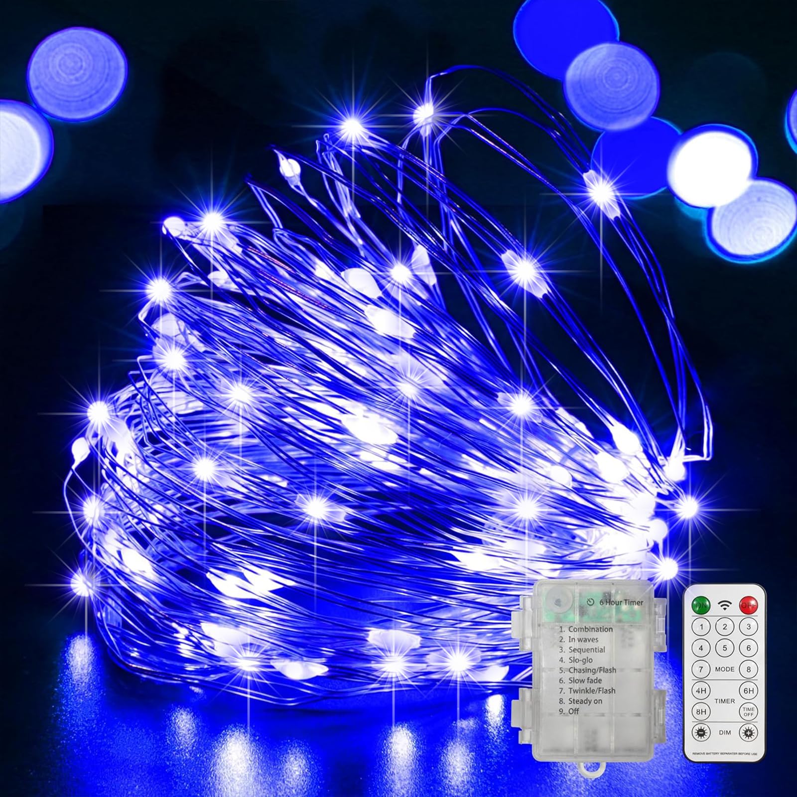 LAMPHOME 100 LED Blue Fairy Lights Battery Operated, Mini Battery Powered Copper Wire Starry String Lights,Light Length 32.5Ft, 