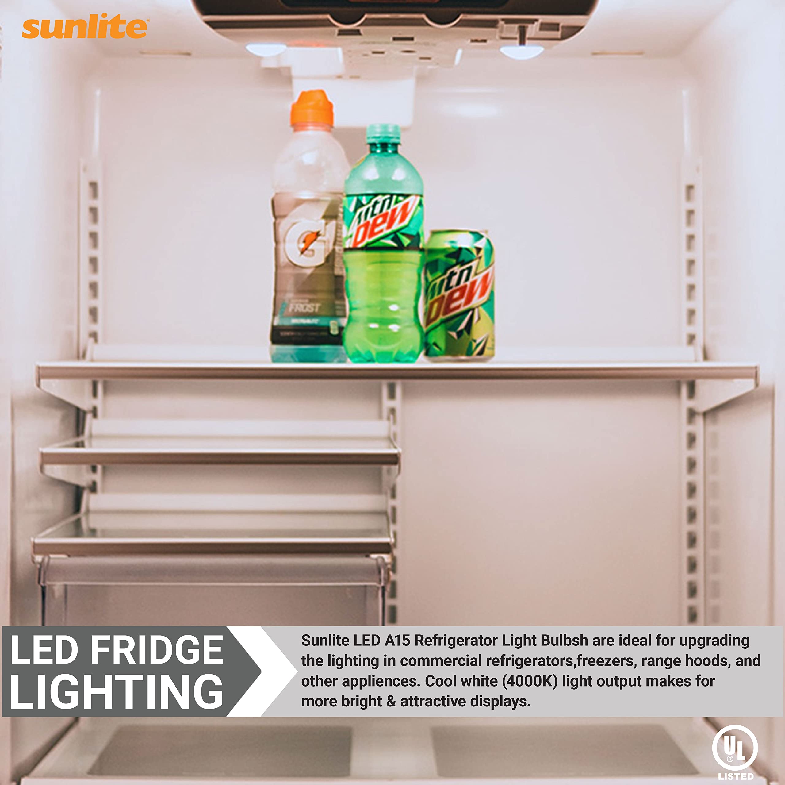 Sunlite LED A15 Refrigerator Light Bulb, 5.5W (40W Equivalent), Dimmable, Frosted, 450 Lumens, Medium Base (E26), 40K