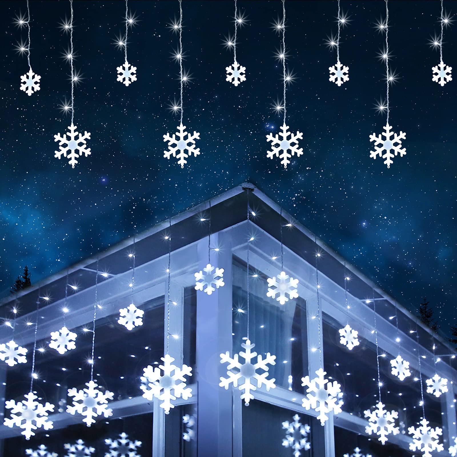 Jnaurb Christmas Snowflake Lights, 17.22ft 264 LED, Waterproof, 8 Modes, White Decor for Indoor & Outdoor