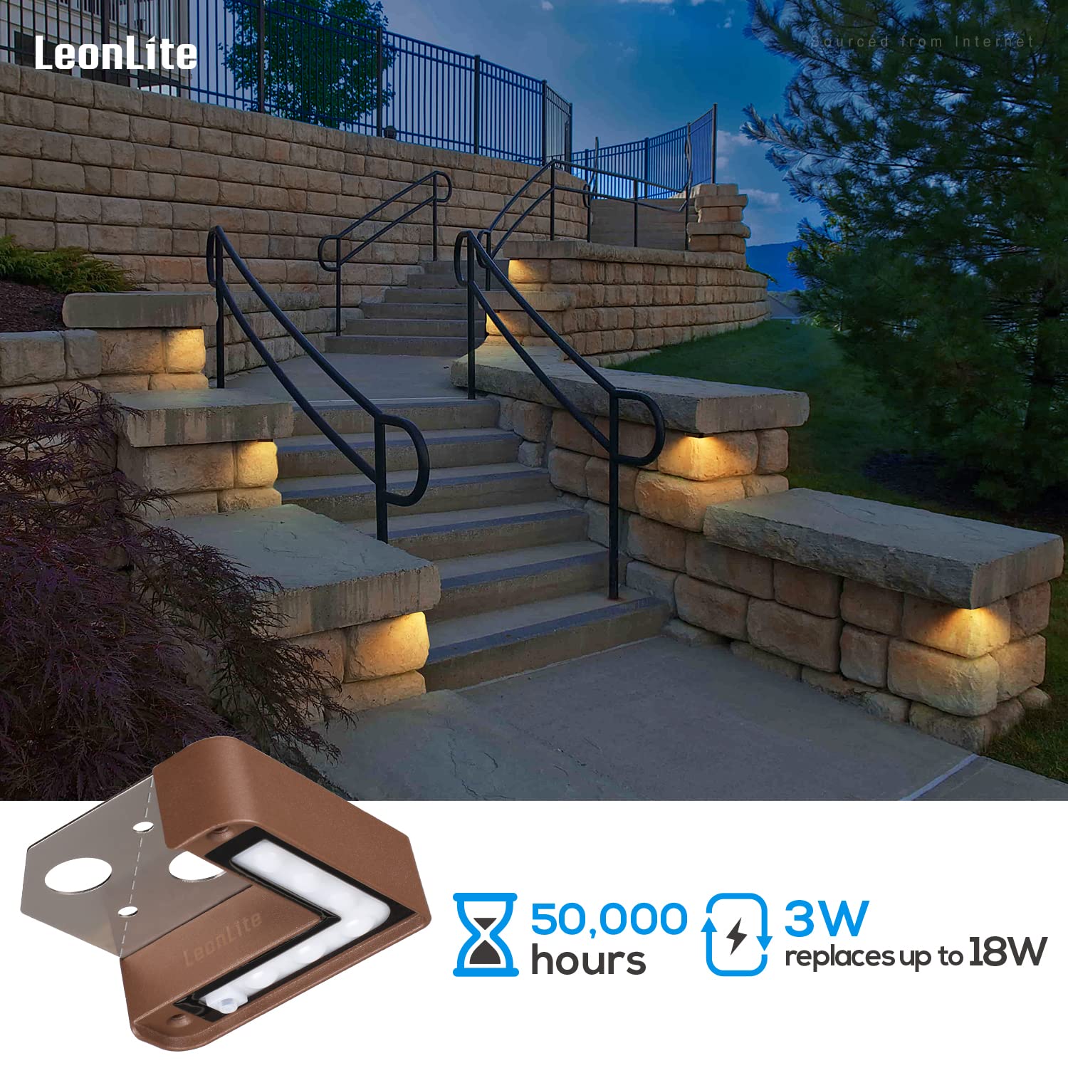 LEONLITE 3CCT LED Hardscape Lighting, 8-Pack, 3W Right Angle, 2700K/3000K/4500K, Bronze, Model 738