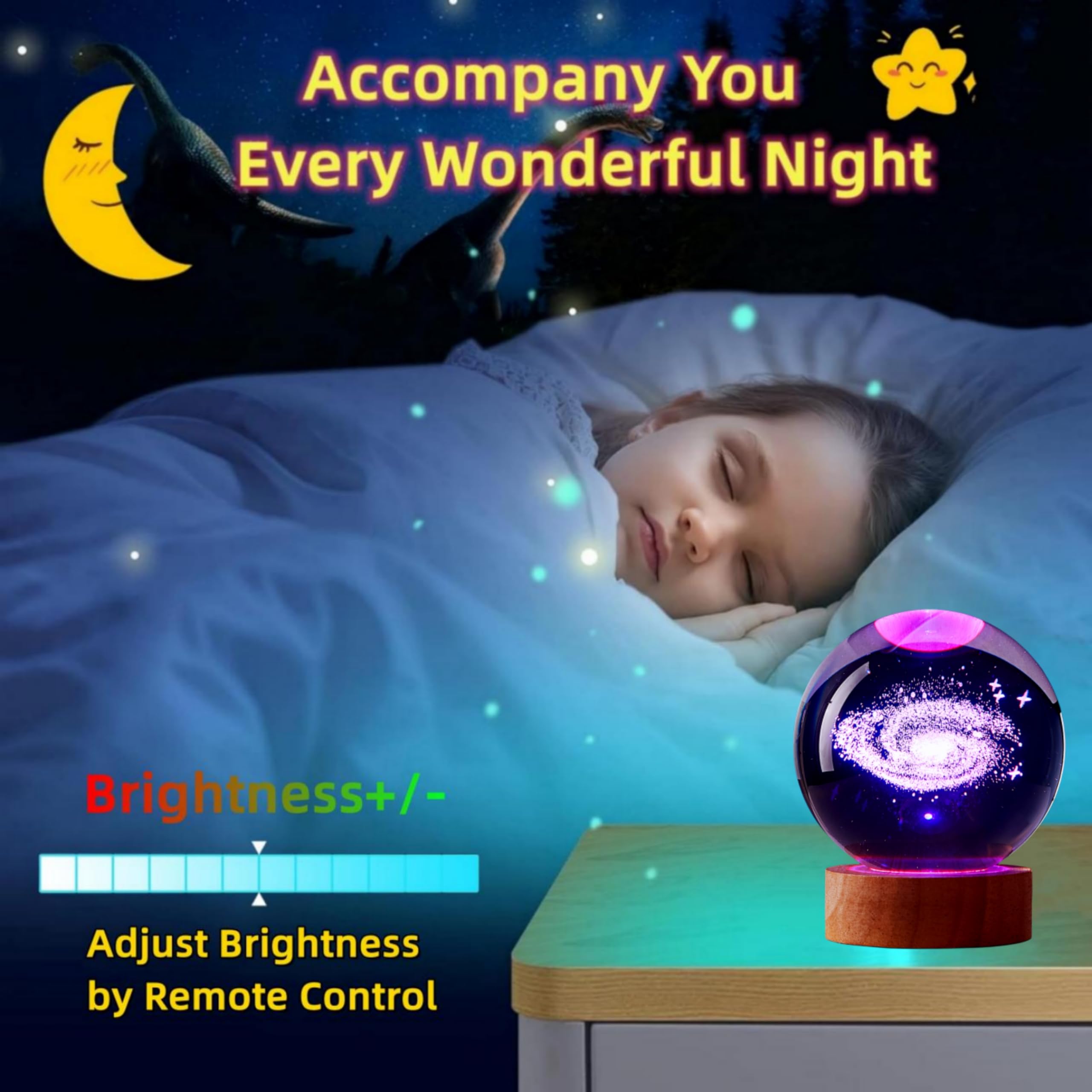 DIGFPWT Galaxy Crystal Ball Night Light, 3.15" LED Lamp, 16 Colors, Gift Box, 3D Solar System Design