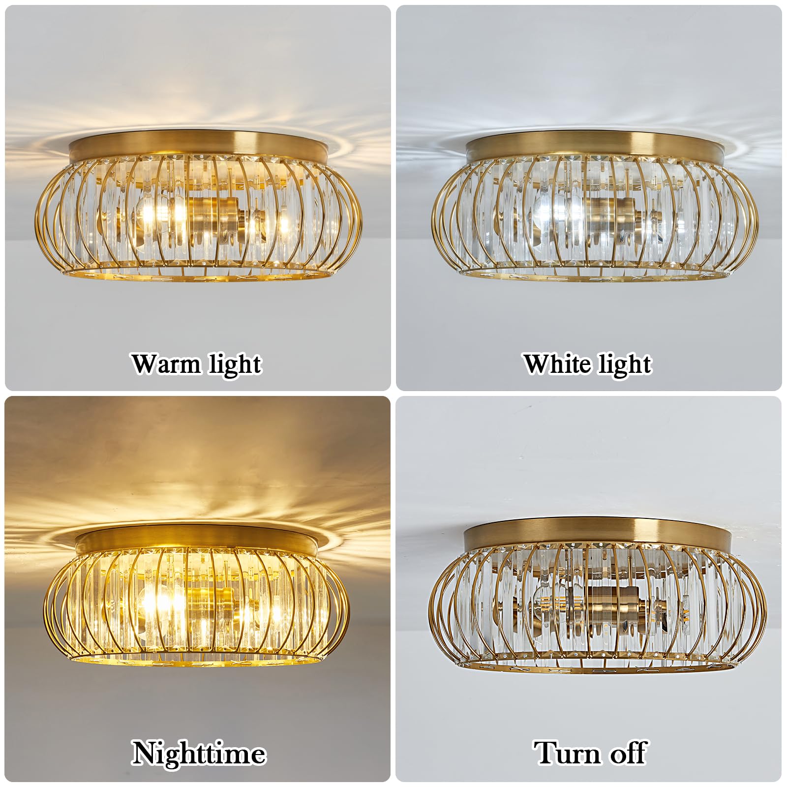 Yyjlx Gold Crystal Flush Mount Ceiling Light Fixture - Modern 3-Light Chandelier For Home