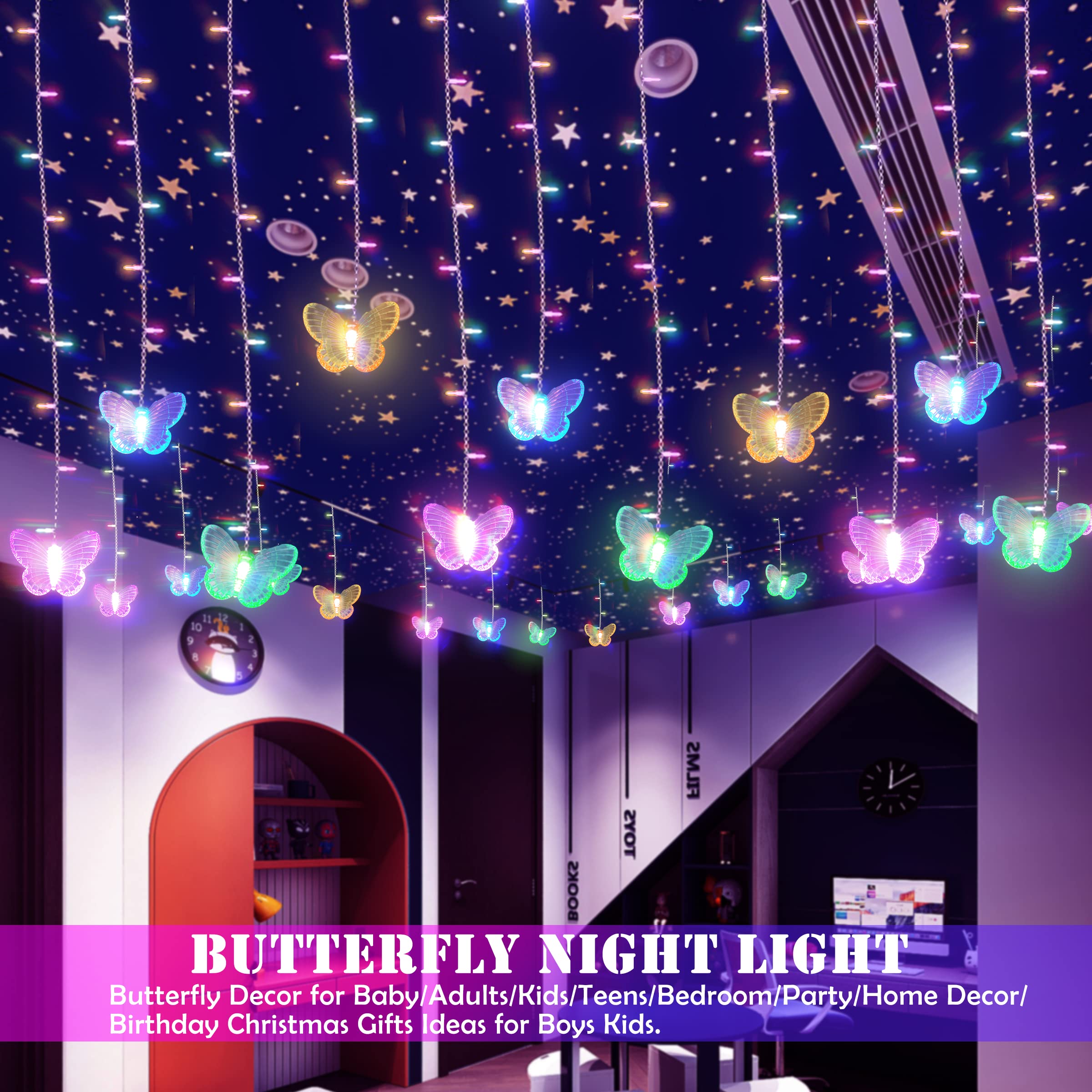 SunKite 120 LED Butterfly Curtain Fairy Lights - 20FT, Multi-colored, USB Plugged, 8 Modes, Waterproof for Kids Bedroom, Christmas, Party