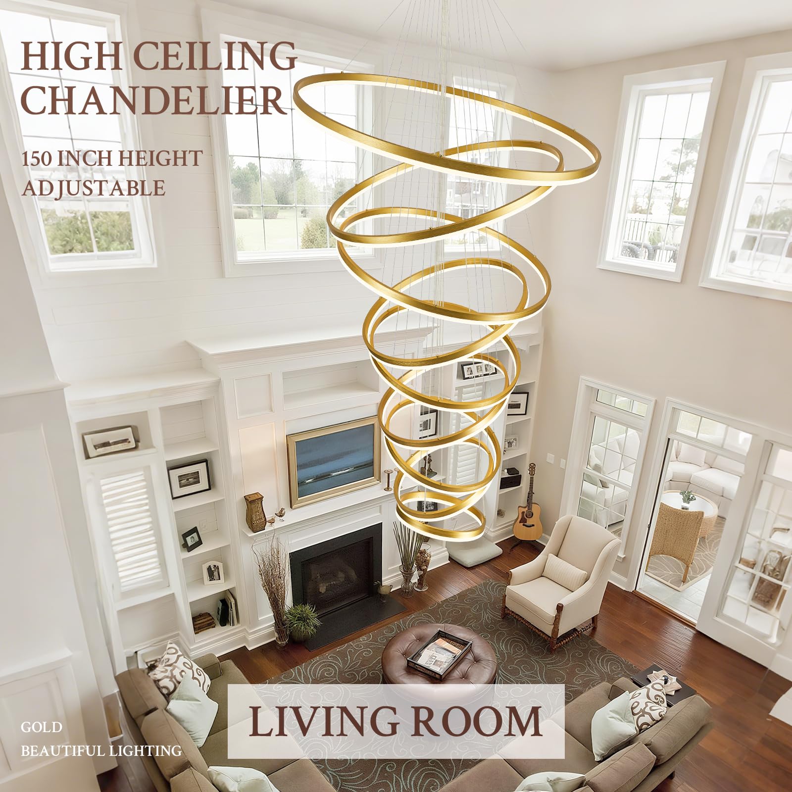 Sparklelf LED Chandelier, Dimmable Modern Design, 9 Rings, 39.4in, Gold, Remote Control, 3000K-6500K for Entryway and Living