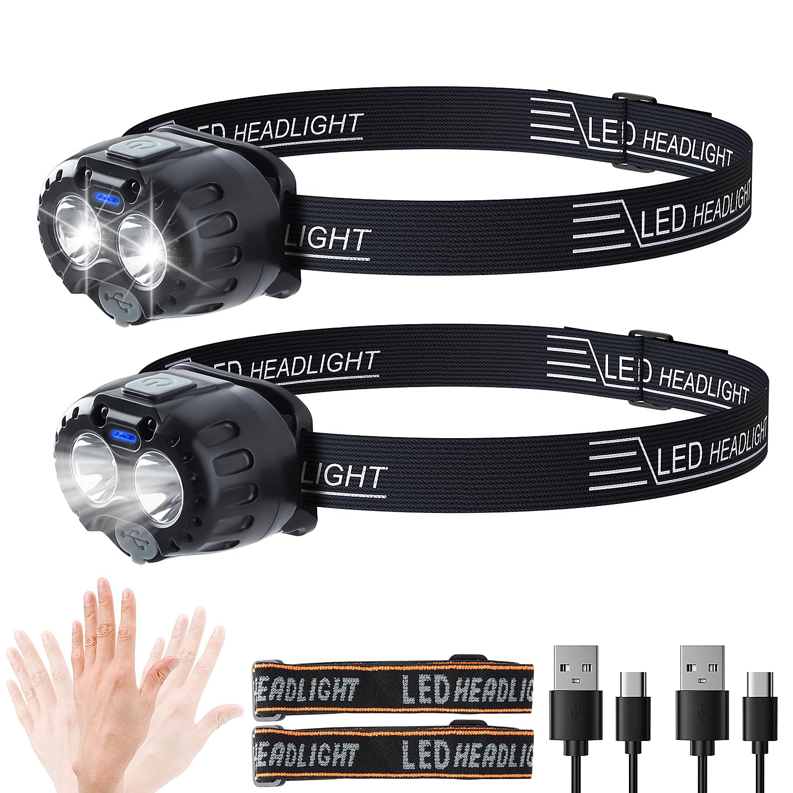 Ginlpd 2Pcs Rechargeable Headlamp, 1200 Lumen Super Bright Led Headlamp Flashlight For Adults & Kids, Waterproof Motion Sensor H
