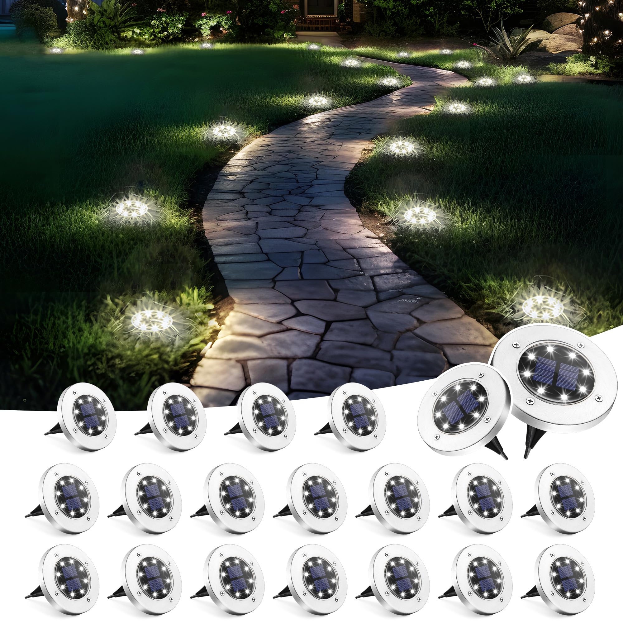 SOLPEX Solar Ground Lights, 20 Pack, Waterproof Stainless Steel & Plastic, Cool White, Model 8630 for Pathway & Garden