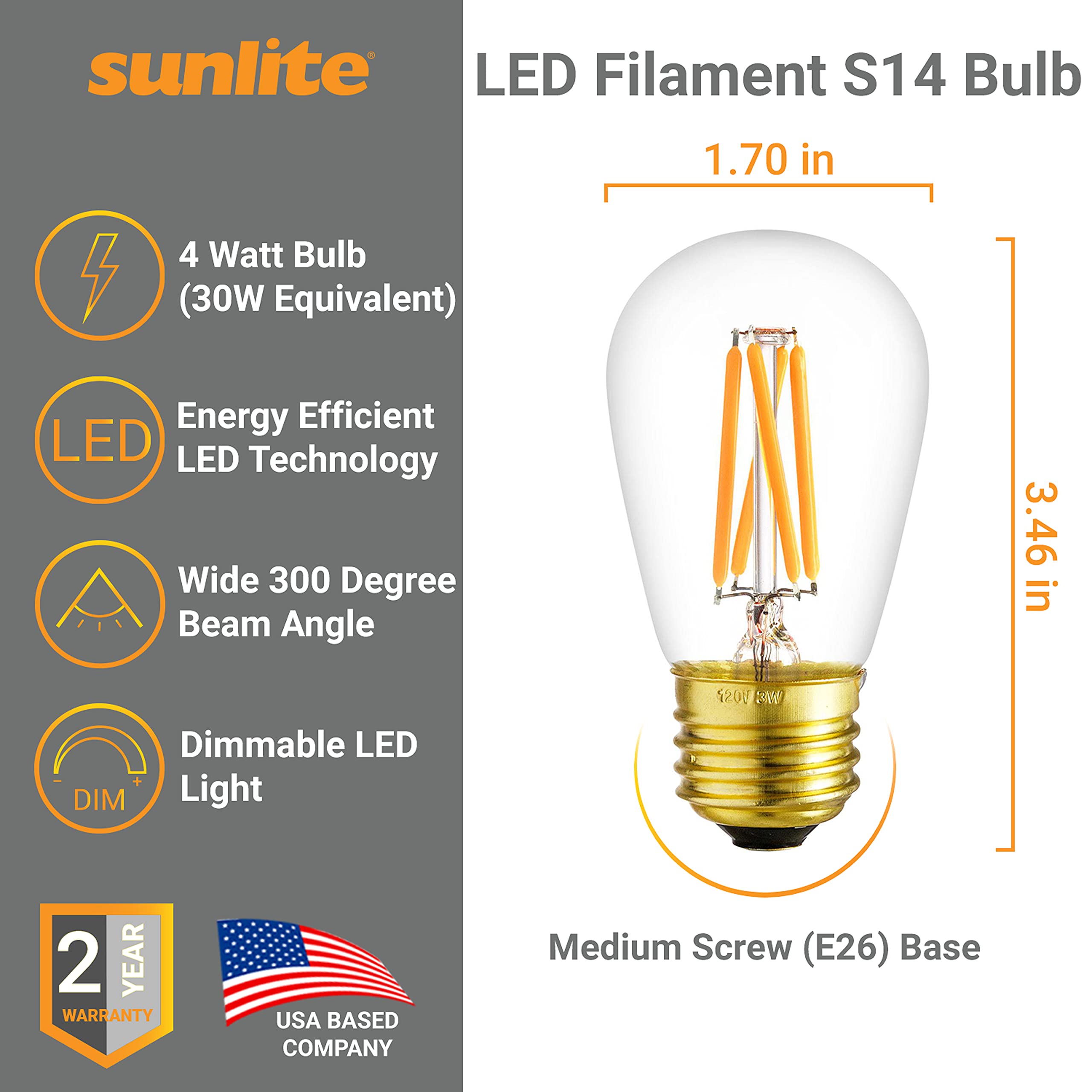 Sunlite 80474-Su Led S14 Filament Style Light Bulb, 4 Watt (25W Equivalent), 340 Lumens, 90 Cri, Medium Base (E26), Dimmable, Ul
