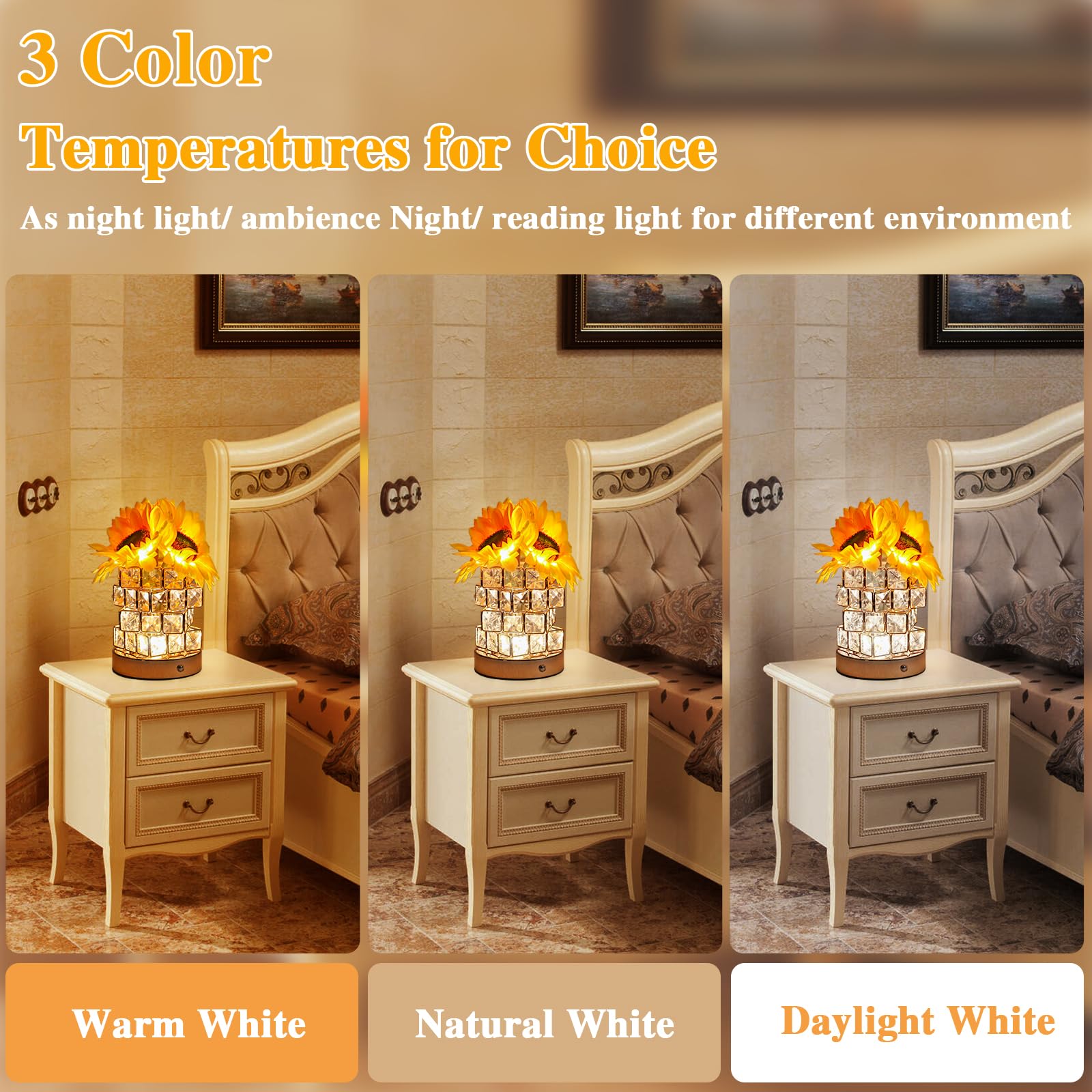 Birthday Gifts For Women/Mom Sunflower Cordless Table Lamp ,3 Color Crystal Lamps Touch Bedside Lamps Infinitely Dimming With Us