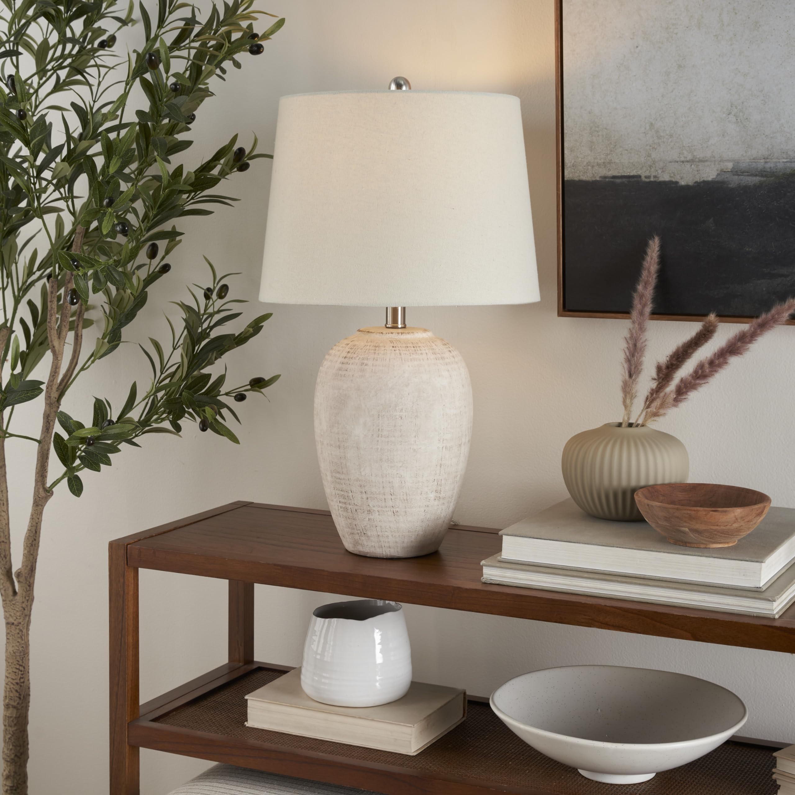Nourison Ceramic Table Lamp, 23in Distressed Rustic Design, Vintage Beige, Model BIT05, Ivory Shade, for Bedroom & Living Room