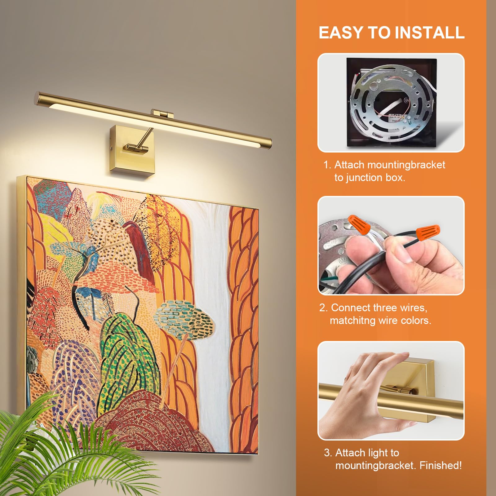 Joosenhouse LED Picture Light Fixtures Dimmable 24.4 Inches, Full Metal Artwork Display Lamp with Single Swing Arm, 14W (70W Eqv