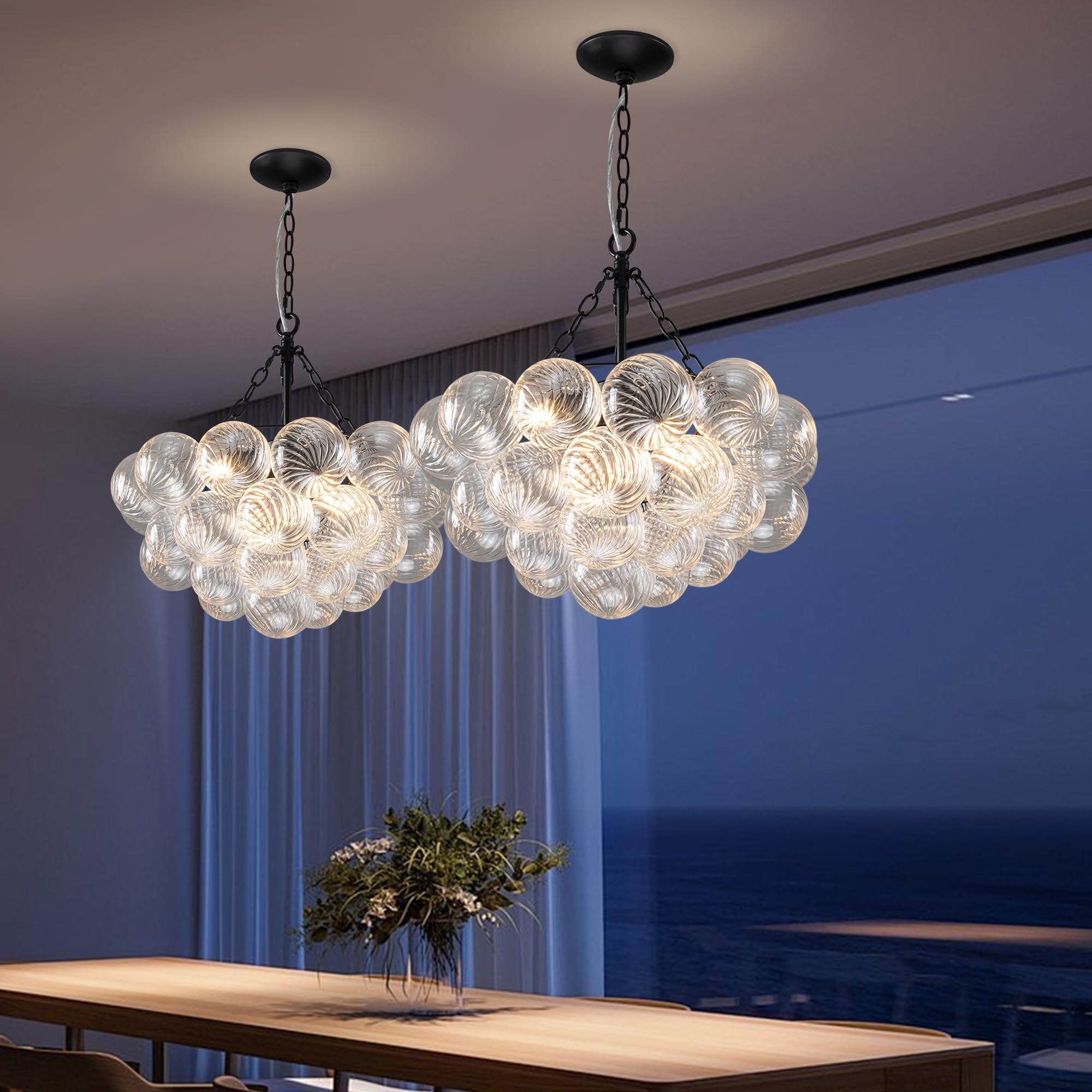 Beypan Bubble Glass Ball Chandelier Black Ceiling Light Fixtures Swirled Clear Ribbed Blown Glass Globe Chandeliers 20'' Dia Pen