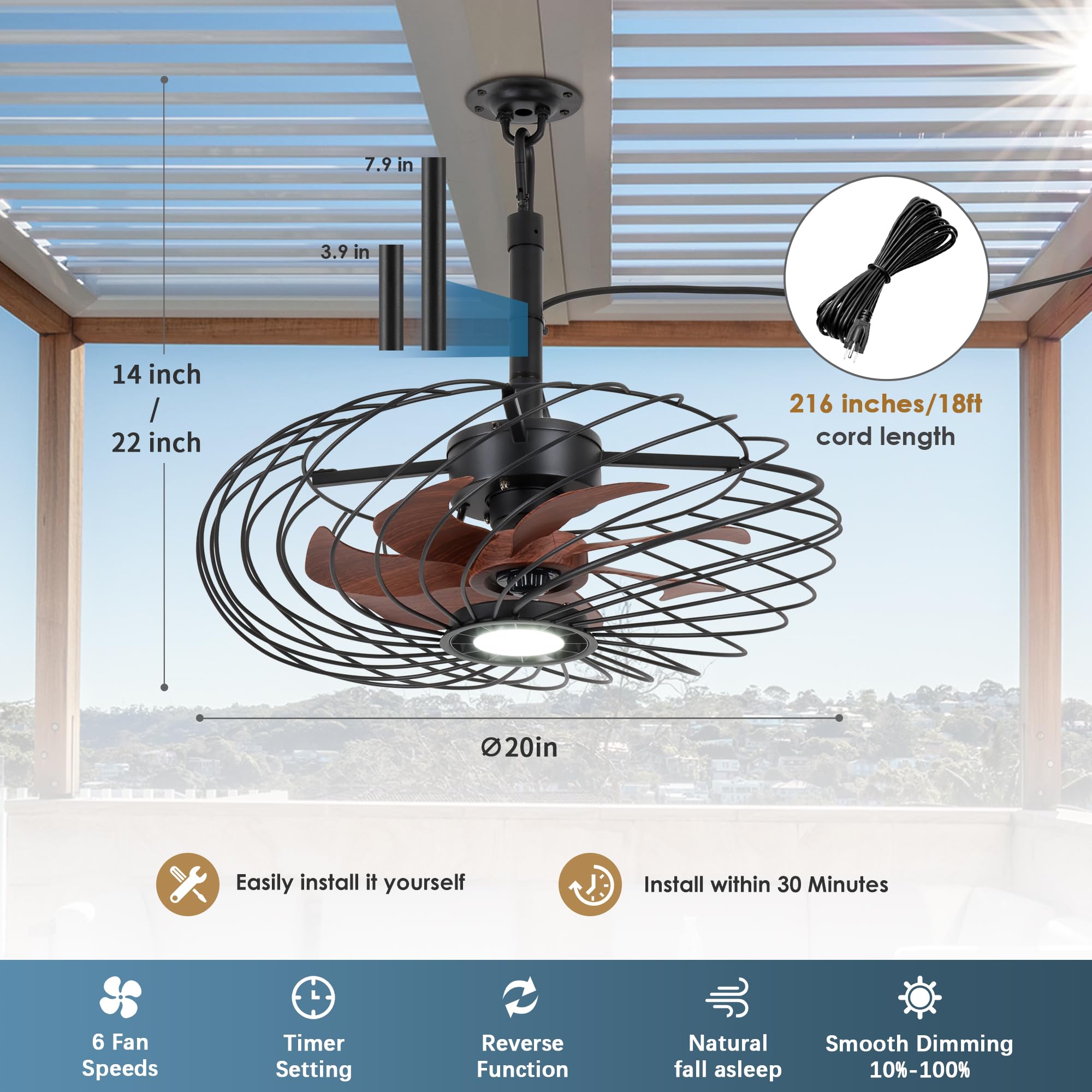 OSGNER 20" Black Outdoor Ceiling Fan with Light, Waterproof, Remote Control, Dimmable LED, Iron Material, Model F429-20-BK