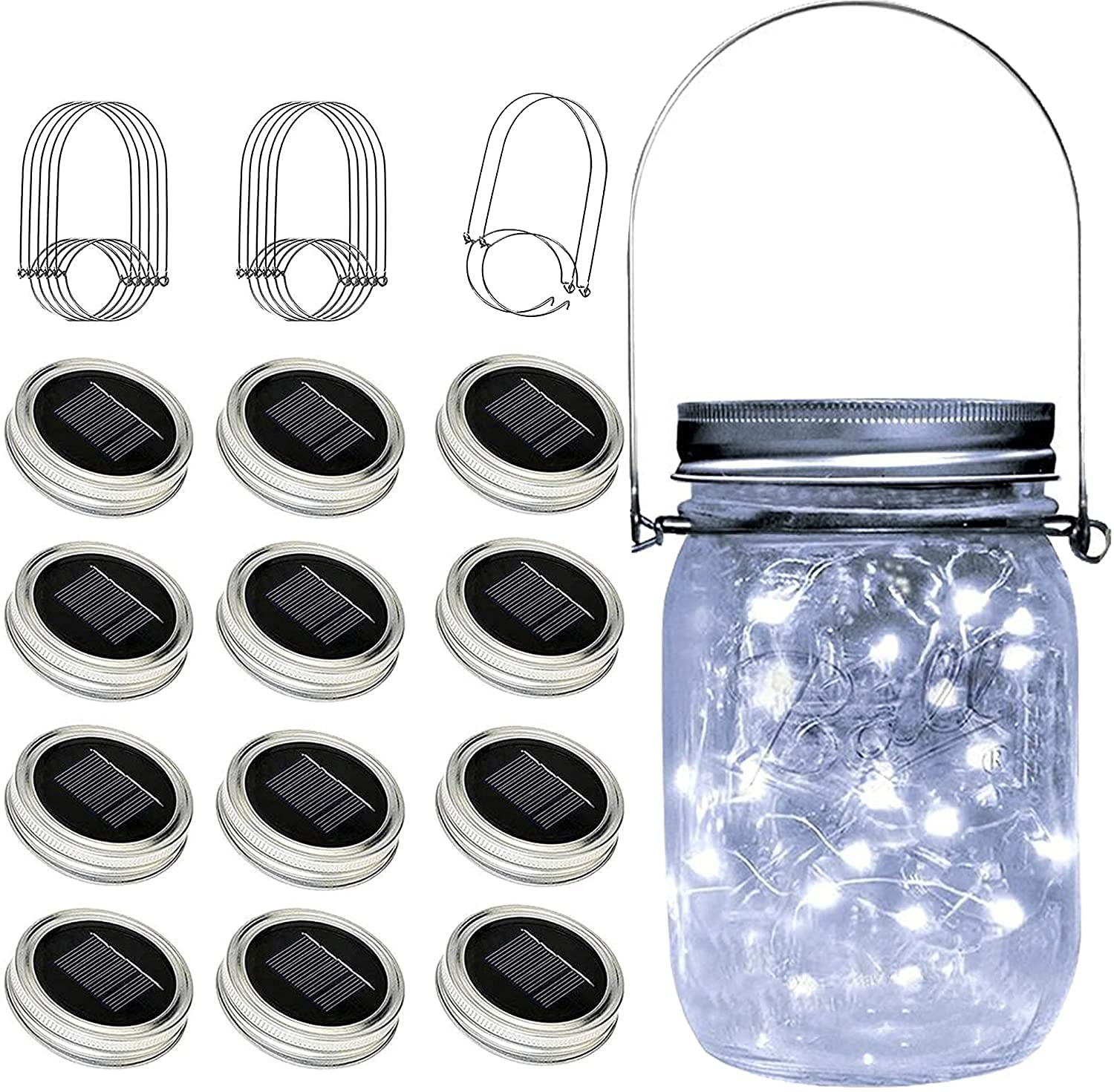 YJFWAL Mason Jar Solar Lights, 12 Pack, 30 LED Firefly Lid Lights for Garden, Patio, Cool White, Model YJFWAL-30LEDSolarFairy